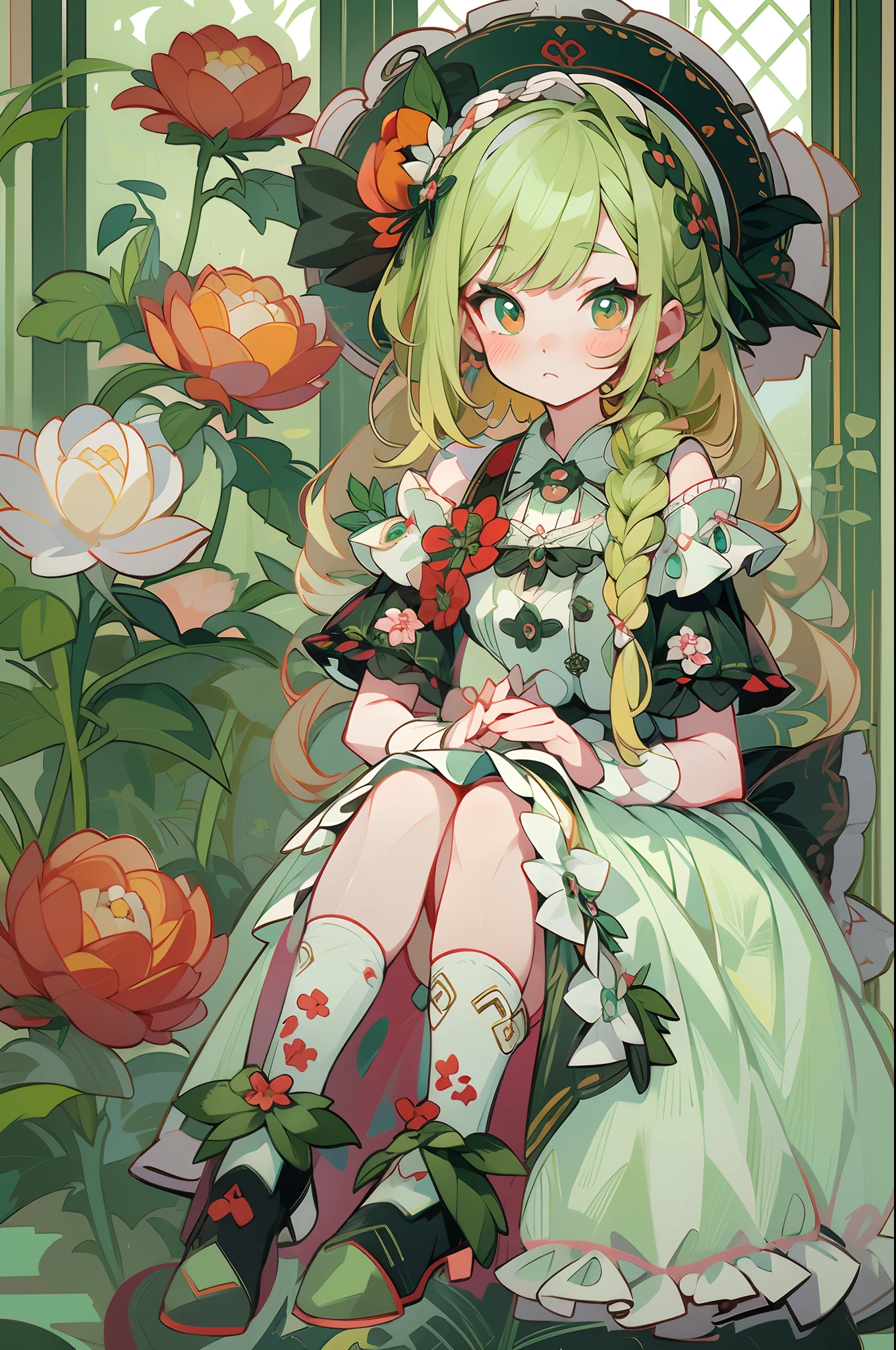 (1 Gothic Lolita), (standing full-body), (Full body standing painting), 1 Princess，(standing full-body)，独奏, BJD dolls, Blush, long  skirt，character  design, fanciful, alice in the wonderland, Gothic Lolita red dress, Green high socks, White flowers, ((red colour)), Blonde hair, Short hair, Double up braid, tmasterpiece, top Quority，best qualtiy，超高分辨率，Exquisite facial features,