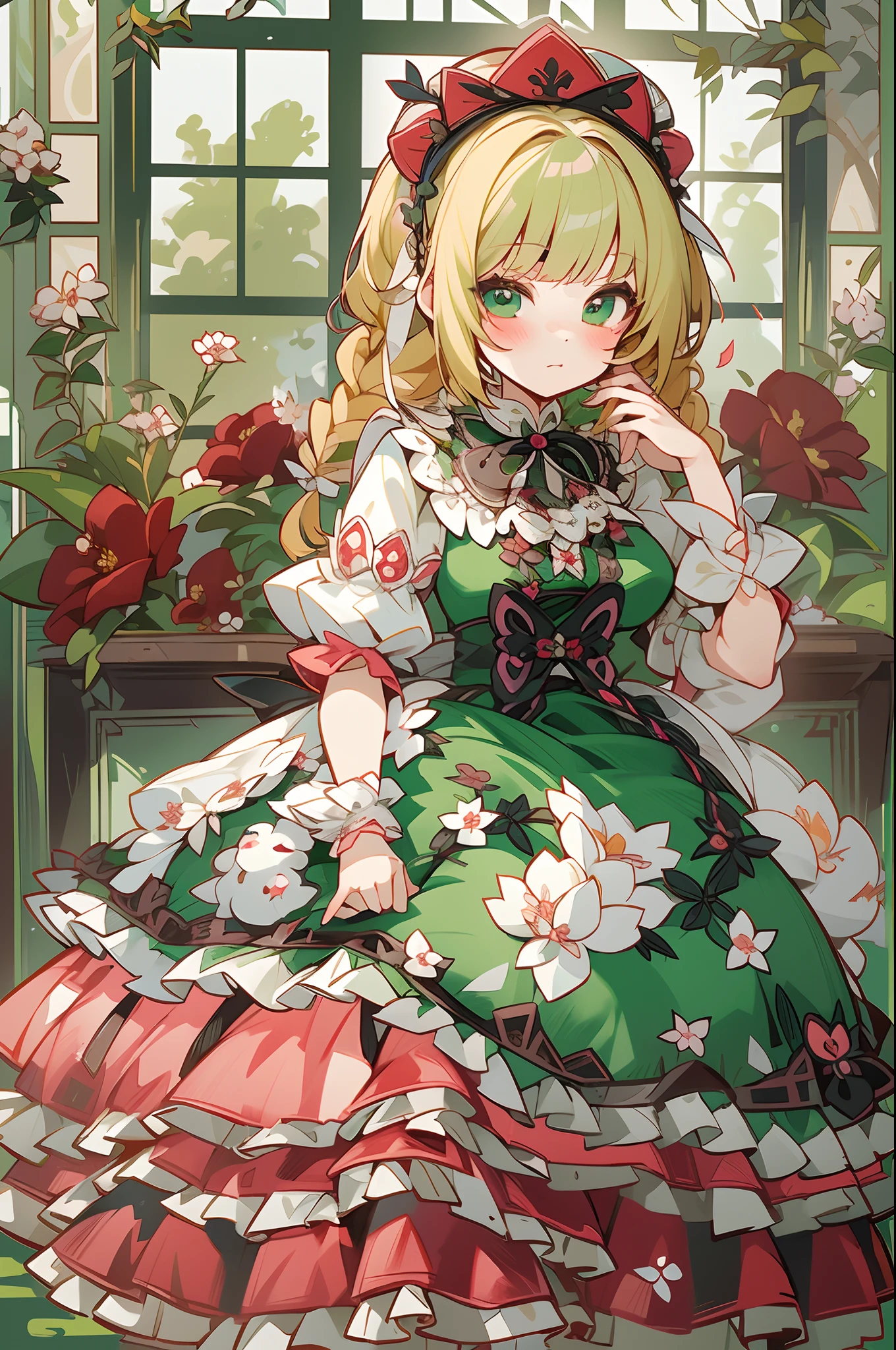 (1 Gothic Lolita), (standing full-body), (Full body standing painting), 1 Princess，(standing full-body)，独奏, BJD dolls, Blush, long  skirt，character  design, fanciful, alice in the wonderland, Gothic Lolita red dress, Green high socks, White flowers, ((red colour)), Blonde hair, Short hair, Double up braid, tmasterpiece, top Quority，best qualtiy，超高分辨率，Exquisite facial features,