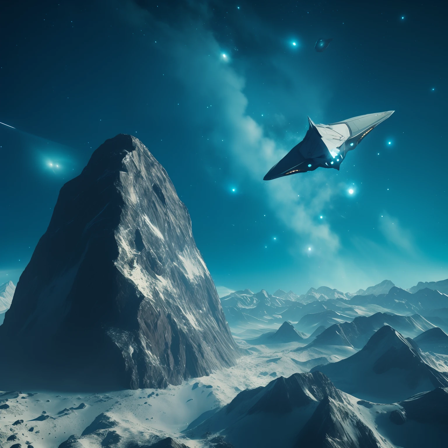 spaceship flying over a mountain in the sky with stars, inspired by jessica rossier, spaceship flies in the distance, amazing space creature 4 k, alien space ship flying in space, jessica rossier fantasy art, sci-fi digital art, sci-fi fantasy wallpaper, beeple and tim hildebrandt, 3 d render beeple, science fiction art
