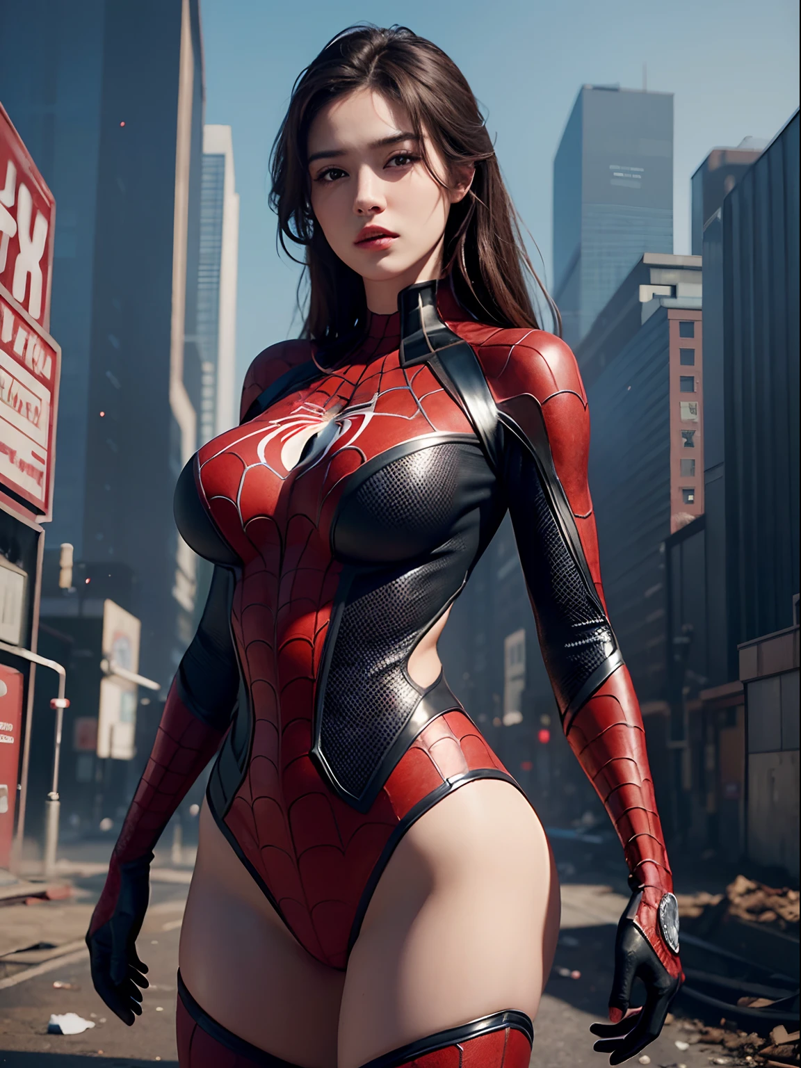 (1girl:1.3), solo, __body-parts__, official art, unified 8k wallpaper, super detailed, beautiful and aesthetic, beautiful, masterpiece, best quality, raw, masterpiece, super fine photo, best quality, super high resolution, photorealistic realism, sunlight, full body portrait, amazing beauty, dynamic pose, delicate face, vibrant eyes, (from the front), she is wearing a full body Spider-Man suit, red and black color scheme, spider, very detailed abandoned warehouse background , detailed face, detailed complex busy background, messy, gorgeous, milky, highly detailed skin, realistic skin details, visible pores, sharp focus, volumetric fog, 8k uhd, DSLR camera, high quality, film grain, fair skin, photo realism, lomography, huge metropolis in a future dystopia,