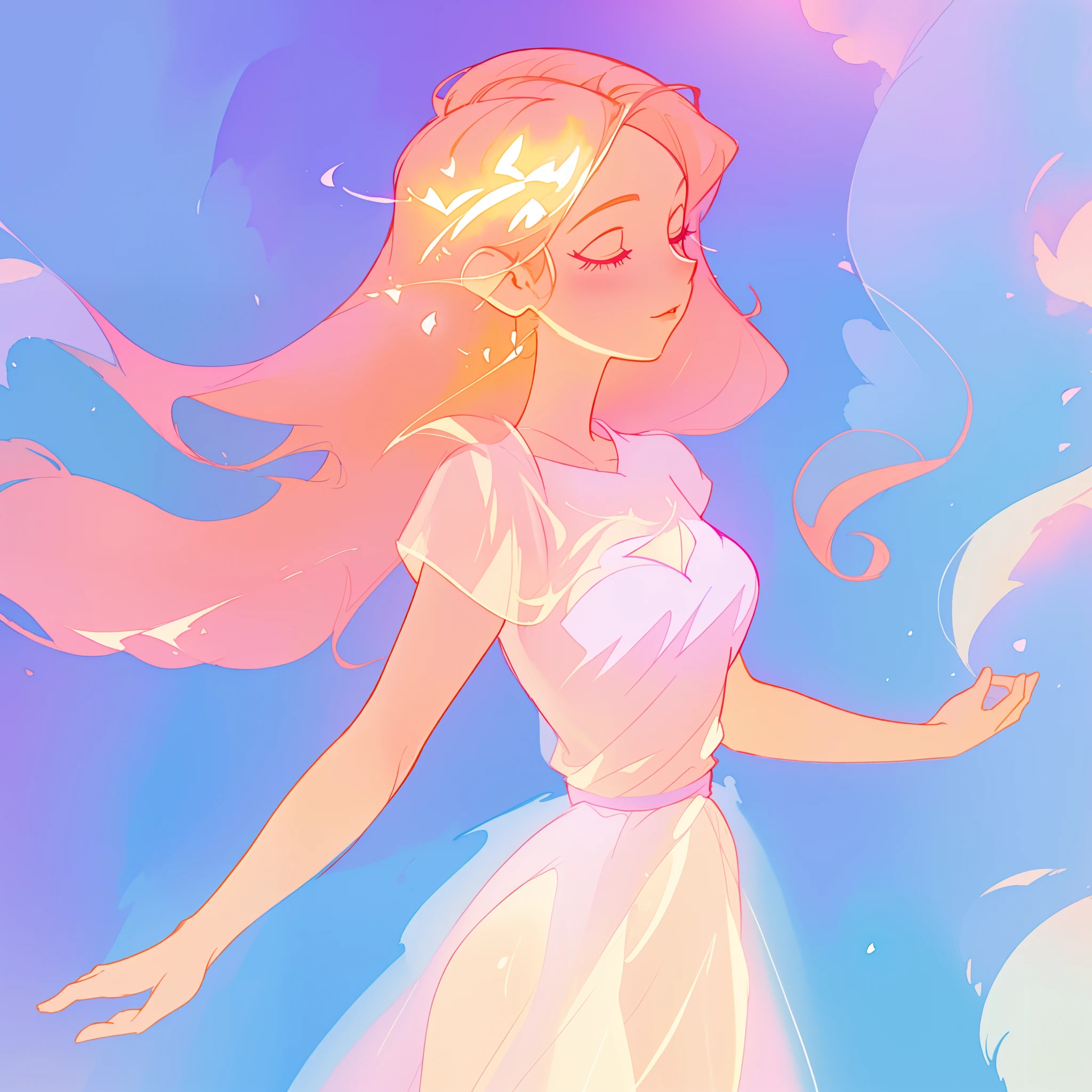 beautiful girl in pale pink dress, fairy dress, long peach and golden hair, watercolor illustration, inspired by Glen Keane, inspired by Lois van Baarle, disney art style, by Lois van Baarle, glowing aura around her, by Glen Keane, jen bartel, glowing lights! digital painting, flowing glowing hair, glowing flowing hair, beautiful digital illustration, fantasia otherworldly landscape plants flowers, beautiful, masterpiece, best quality, anime disney style