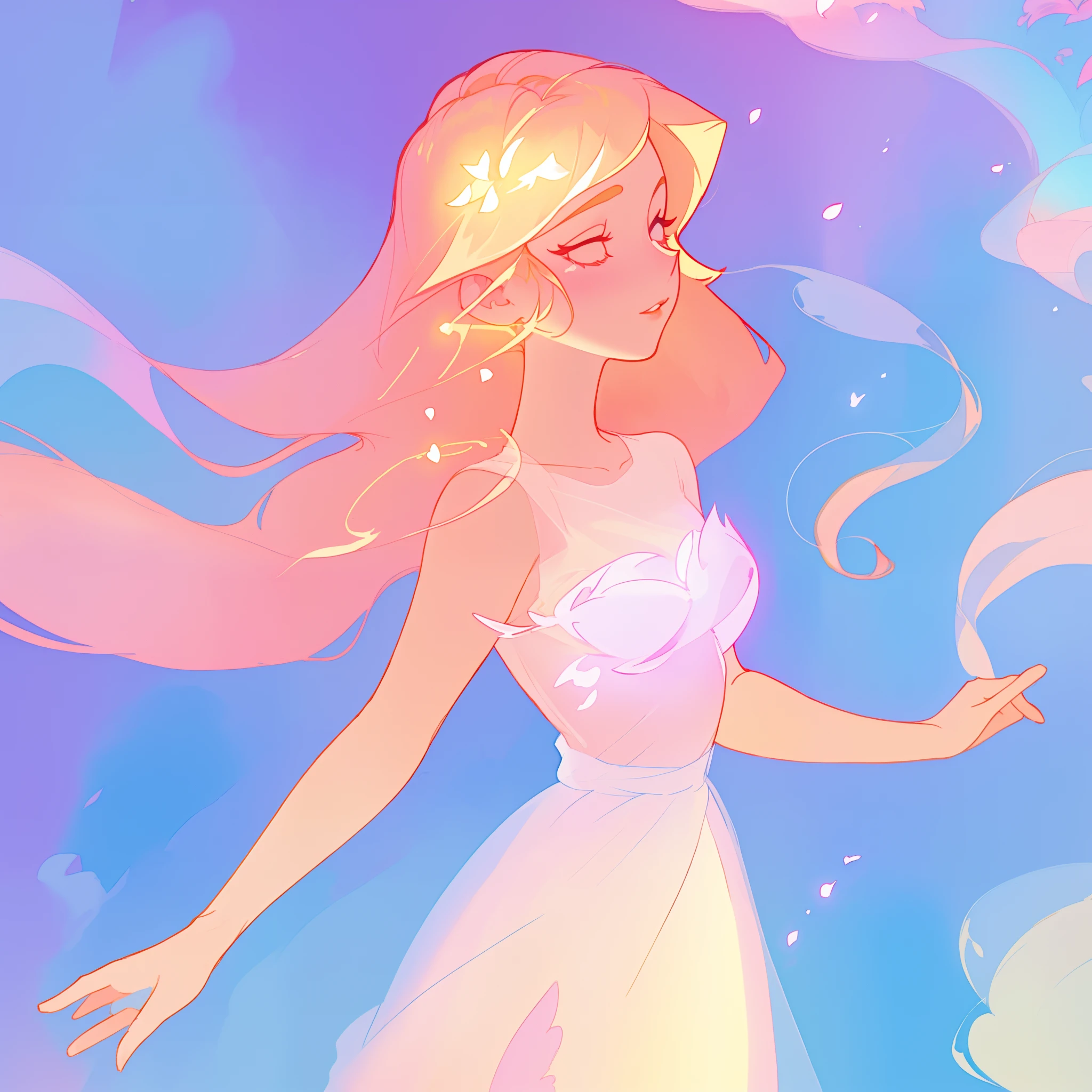 beautiful girl in pale pink dress, fairy dress, long peach and golden hair, watercolor illustration, inspired by Glen Keane, inspired by Lois van Baarle, disney art style, by Lois van Baarle, glowing aura around her, by Glen Keane, jen bartel, glowing lights! digital painting, flowing glowing hair, glowing flowing hair, beautiful digital illustration, fantasia otherworldly landscape plants flowers, beautiful, masterpiece, best quality, anime disney style