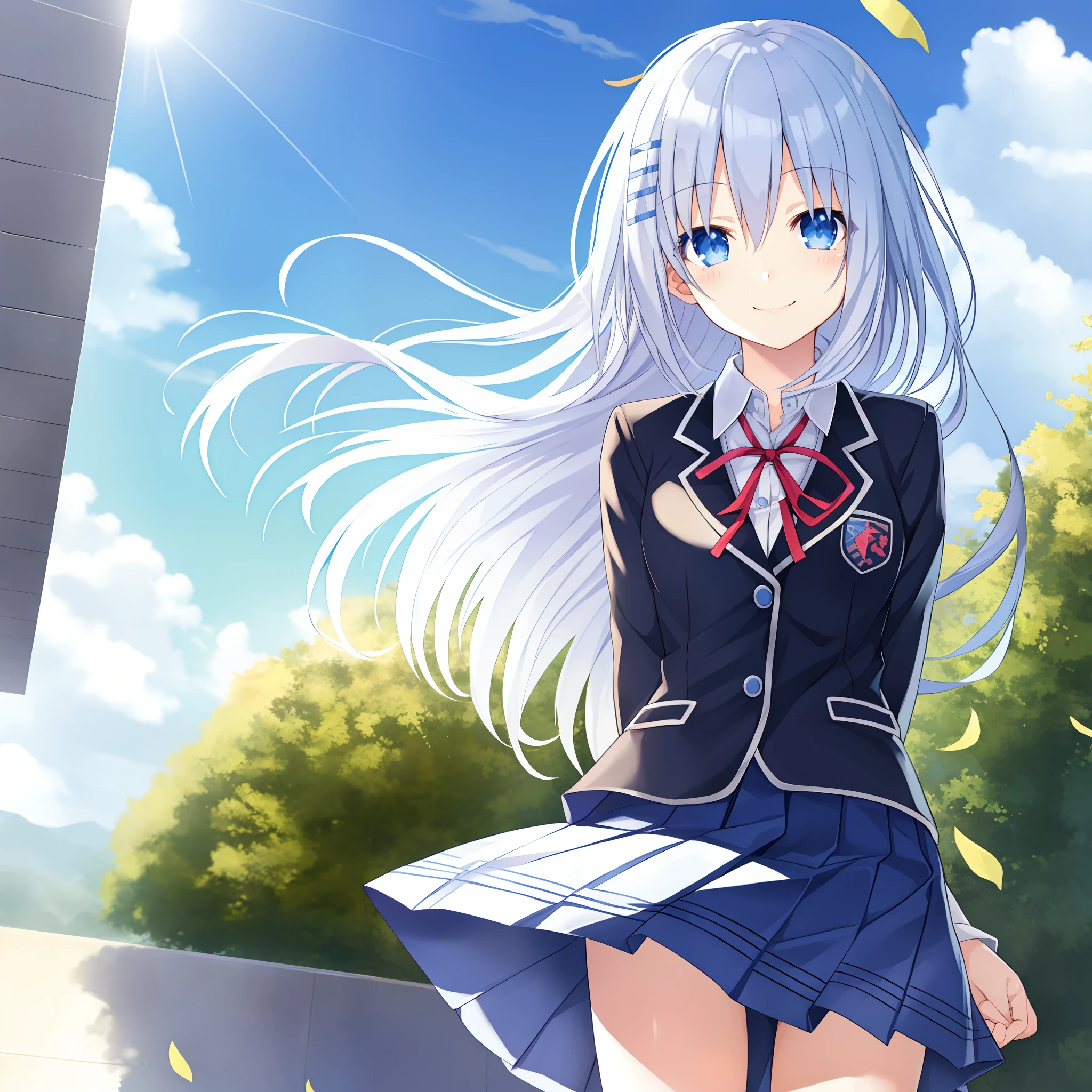 beautiful girl, light smile, open eyes, detailed eyes, school uniform, pretty anime girl, blue sky, morning, long hair, wind, black uniform