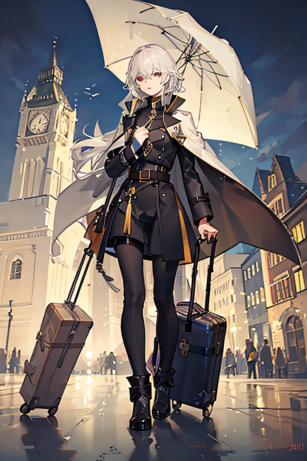 Male Boy,From Europe,Slender body,with fair skin,The bridge of the nose is high,Yellow pupil,silver short curls,Wearing a long khaki trench coat,The trench coat flutters in the wind,Wear yours with a black turtleneck,Travel through the medieval city,Exquisite luggage,Holding an umbrella in the other hand,On his shoulder is a hairless cat,It rained at night