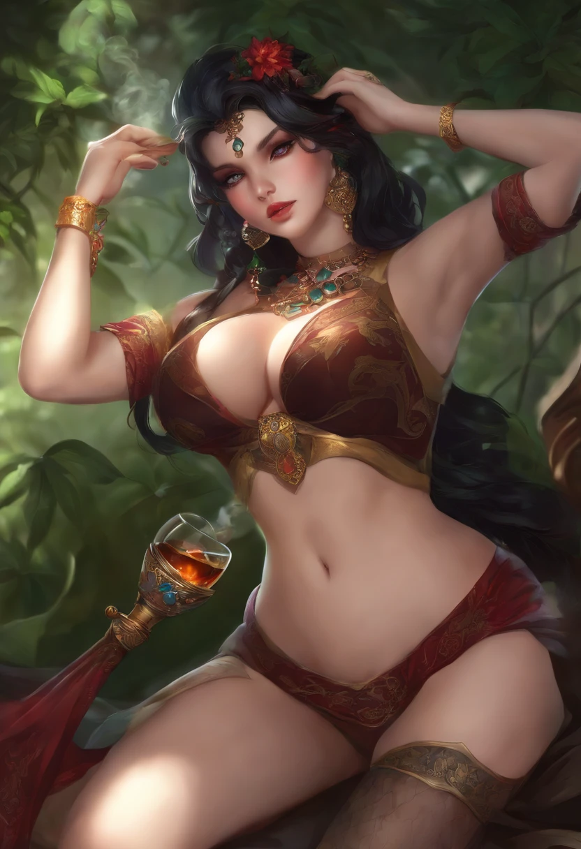 Sexy, busty, naked, black hair, smoking pipe, elf, anime