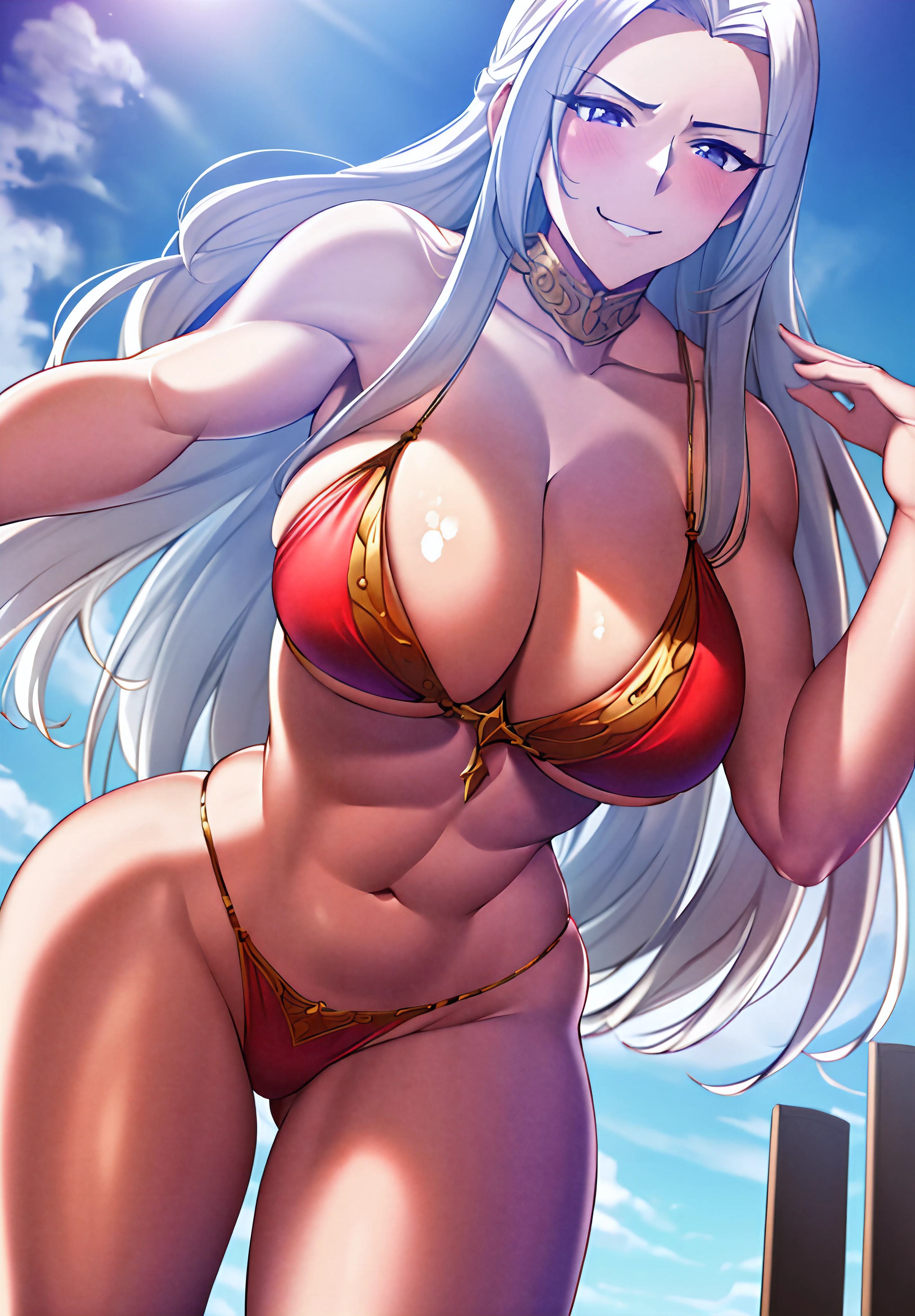 masterpiece, best quality, highres, high quality, collage, perfect image, 1girl, (Edelgard van Hresvle), red bikini top, red bikini bottoms, abs, long legs, bare shoulders, (muscular arms: 2.0 ), biceps, triceps, (muscular legs: 2.0 ), face, evil brow, evil face, evil smirk, smirking, blush, collarbone slim legs, underboob, aroused, (gigantic breasts:1.4), detailed hands, GTS, (giantess), looming over a village, ((open sky)), (giant woman),