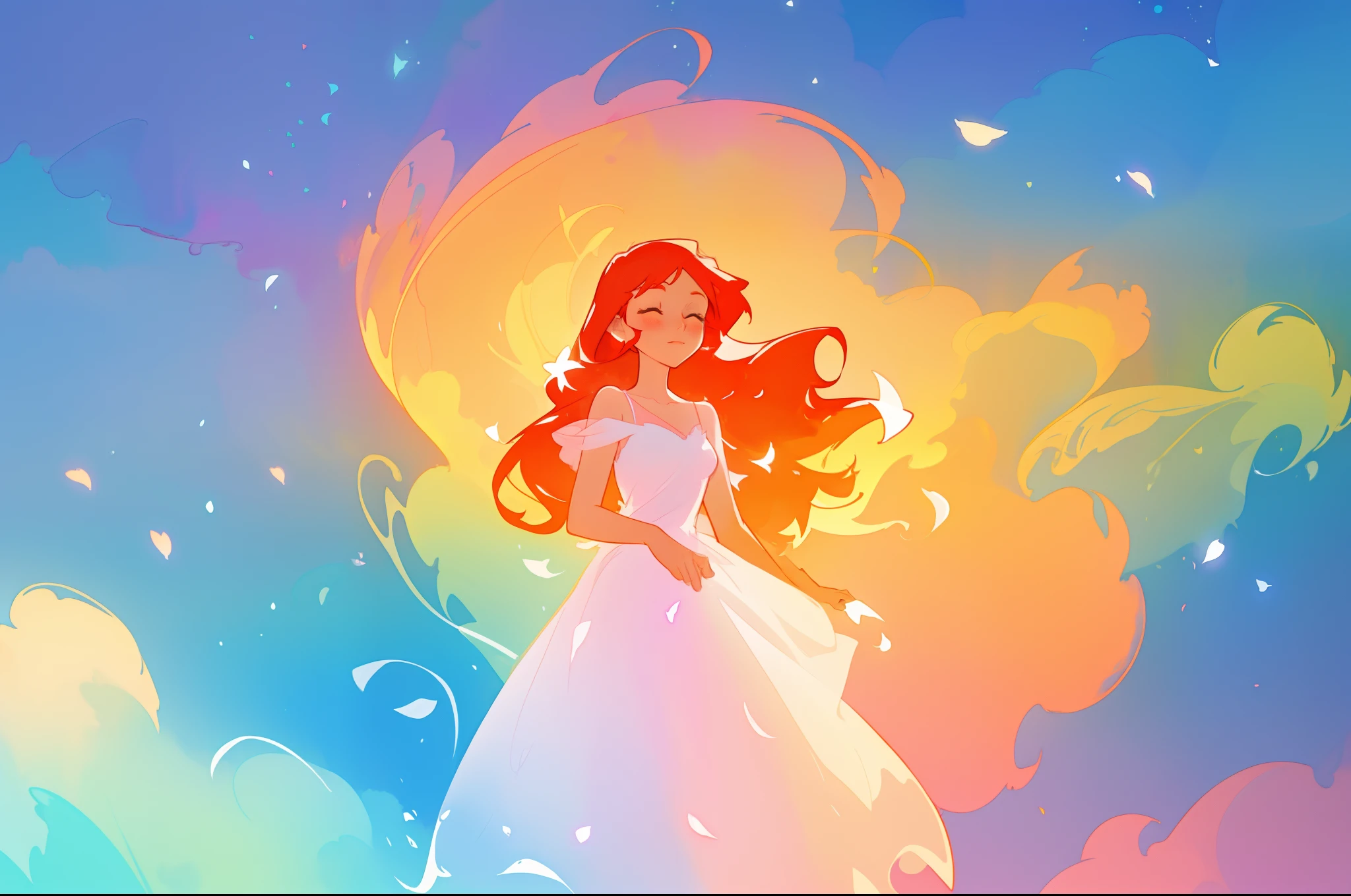 beautiful girl in white dress, fairy dress, long red hair, colorful abstract watercolor background, whimsical, fantasia, inspired by Glen Keane, inspired by Lois van Baarle, disney art style, by Lois van Baarle, glowing aura around her, by Glen Keane, jen bartel, glowing lights! digital painting, flowing glowing hair, glowing flowing hair, beautiful digital illustration, fantasia otherworldly landscape plants flowers, beautiful, masterpiece, best quality, anime disney style