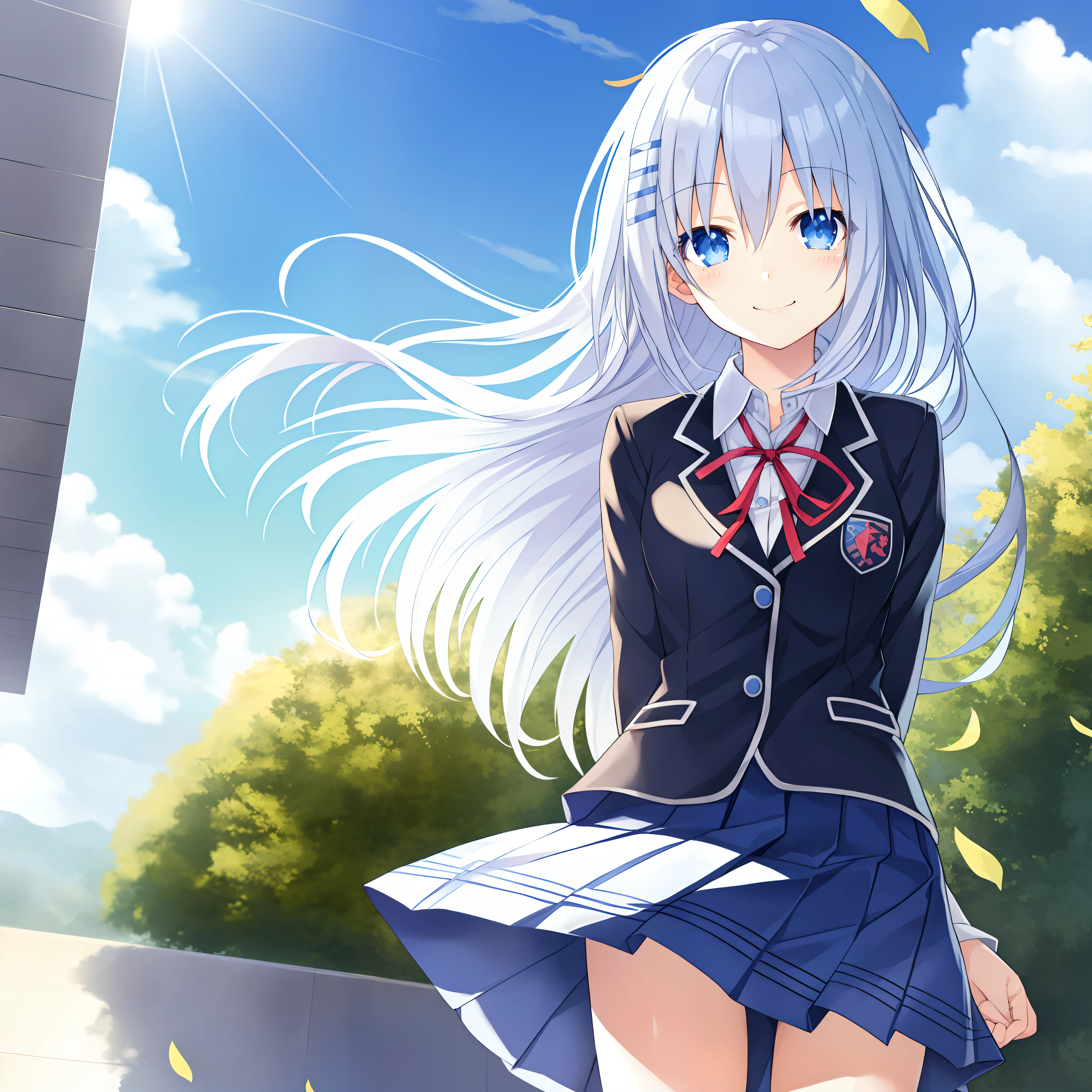 beautiful girl, light smile, open eyes, detailed eyes, school uniform, pretty anime girl, blue sky, morning, long hair, wind, black uniform