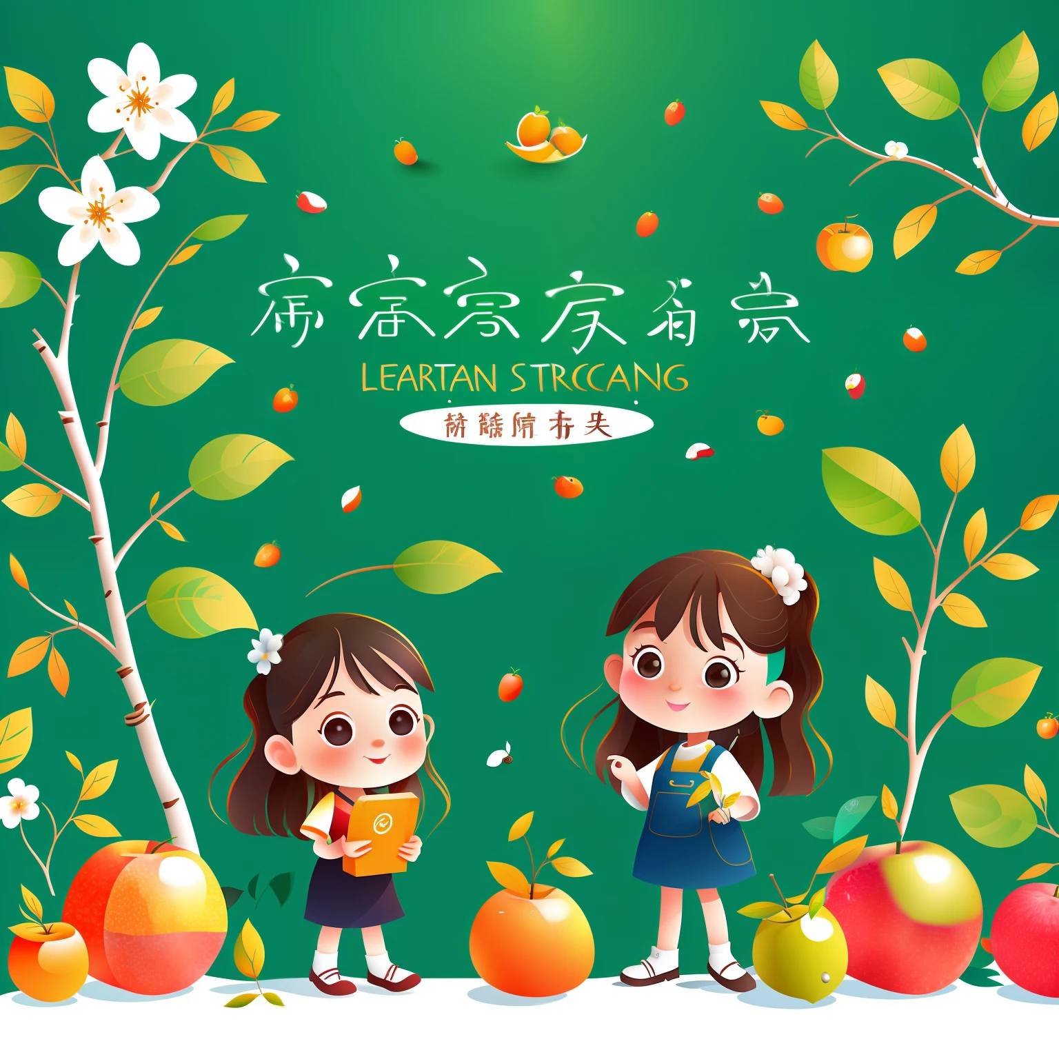 White background,Long-haired girl,orchard,Small saplings,Fruit,blossoms,equation,blackboards,O logo,vectorial,Line art,designs,Inspiration,straight line,对称