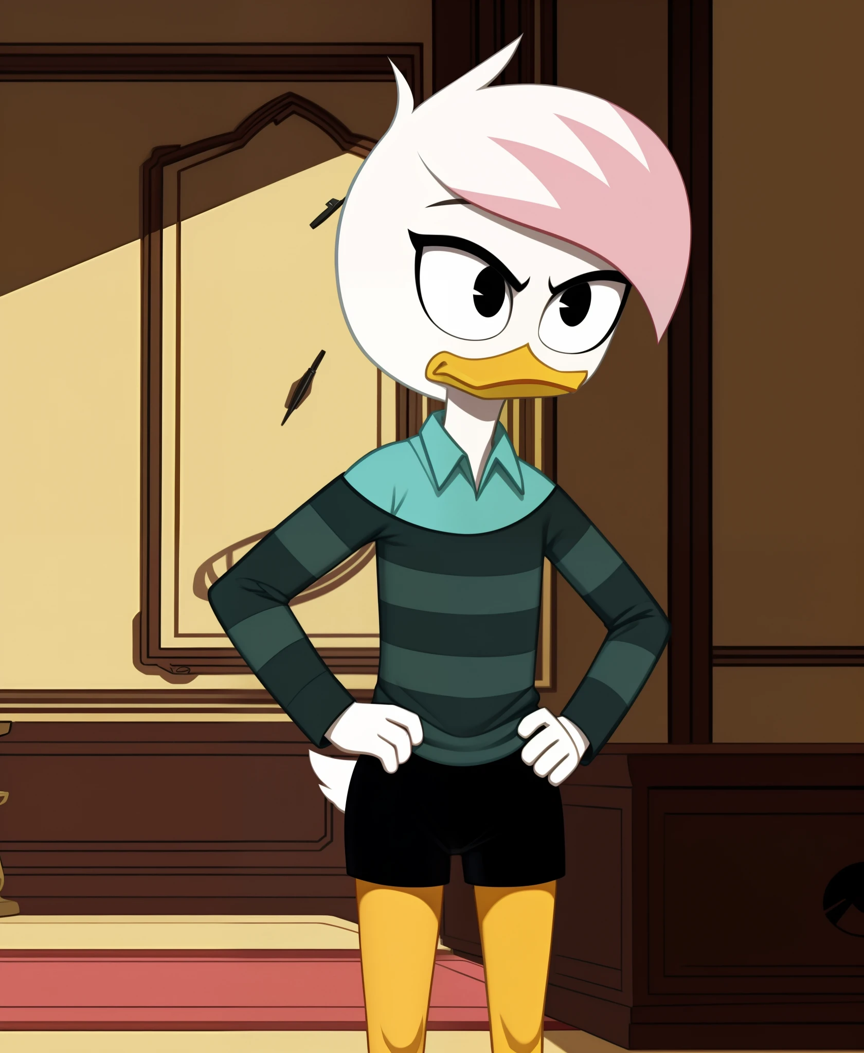 (by drockdraw:1.2) (by chelodoy:1) (by ashraely:1) lena sabrewing, white skin, white hair, pink highlights, long sleeves, striped shirt, teal dress shirt, orange legs:1.2, tsundere:1.3, black eyes, scut tail, ducktales, eyeliner, off shoulder, beak, short hair, standing, solo:1.2, duck, beak, black shorts, tight shorts, hand on hip, wide eyes, eyeliner, black eyes, off shoulder, short hair (mansion background, inside:1.2)
