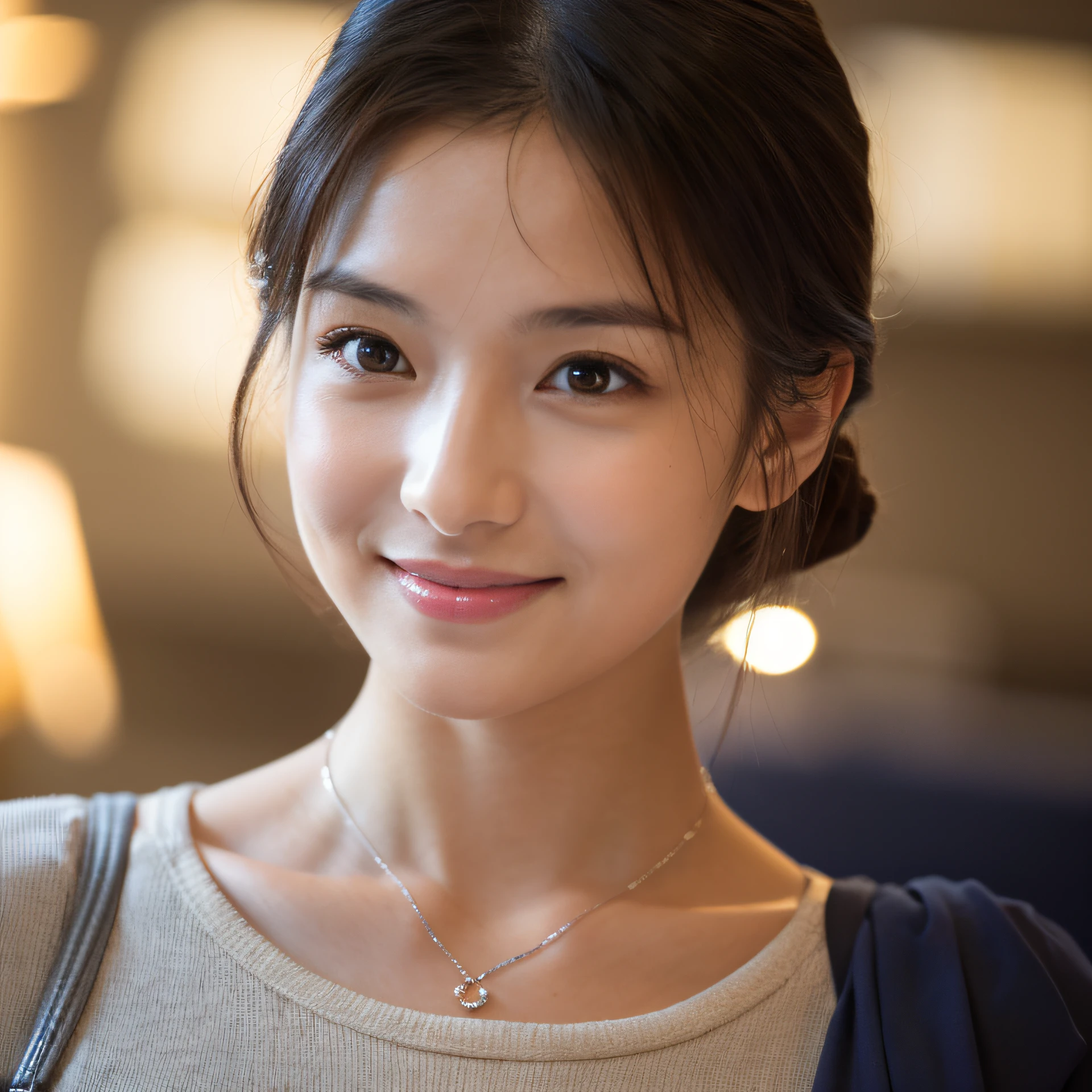 (8K, top-quality, masterpiece:1.3, 超A high resolution, A hyper-realistic), High Detail, (Face like the real thing), Photorealsitic, Raw foto, ((one beautiful women)), 28 year old, Detailed face, beautidful eyes, realisticeyes, Eyes in Beautiful Details, (real looking skin), Beautiful skins, enticing, depth of fields, hight resolution, High pixel count, clear details, sharp photo, Natural color reproduction, Noise Reduction, High fidelity, (Photograph of a product being recommended in a department store), A photo in which the upper body is visible, and the clothes are everyday clothes, Neat and clean clothing, small tits, Sexy lips, Ears are visible, Looking away, Natural perspective, (Don't look into the viewer's eyes), a smile, kindly smile, Beautiful skins, enticing, the golden ratio, (Detal Face:1.2), profetional lighting, Lighting the face, best light, japanes,japanaese girl, Photo of a cute Japanese woman, Small necklace, Thin Silver Necklace, simple background