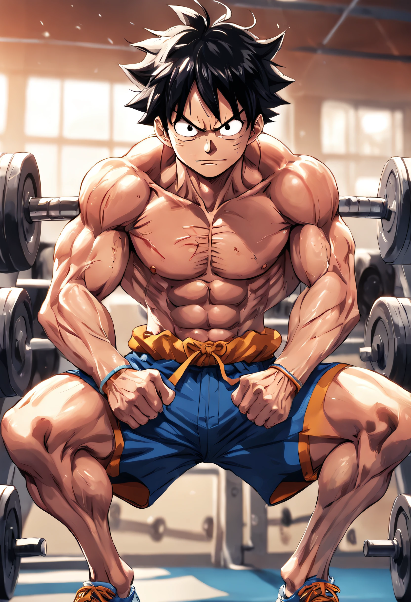 "a detailed illustration of Monkey D. Luffy in gym clothes training intensely in a bodybuilding gym, Estilo One Piece, no characteristic art style by Eiichiro Oda, corpo inteiro, artistic work"
