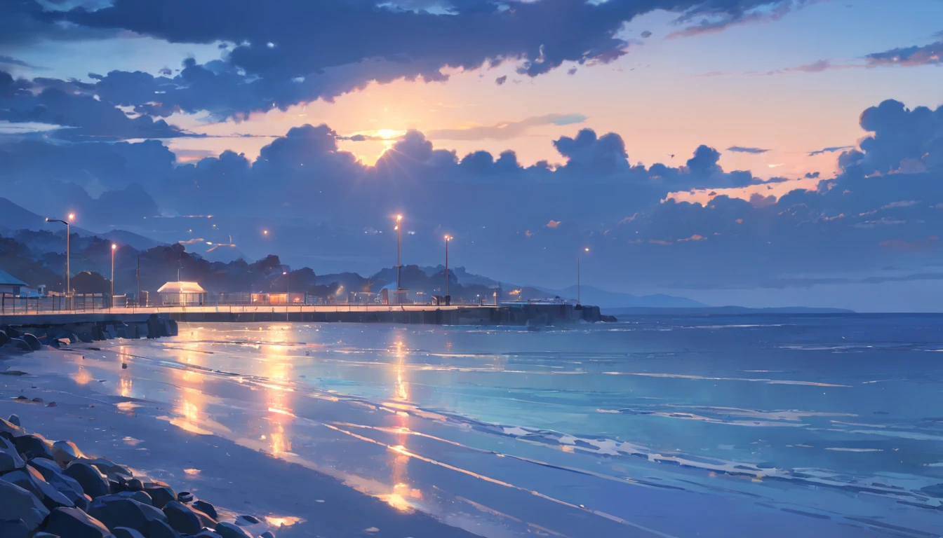 ​masterpiece、top-quality、Movie stills、Mare　Southern　Winters　Background with　　evening　　Calm sea　breakwater　　By the sea　　((greys　cloudiness　云　Ephemeral　murky))