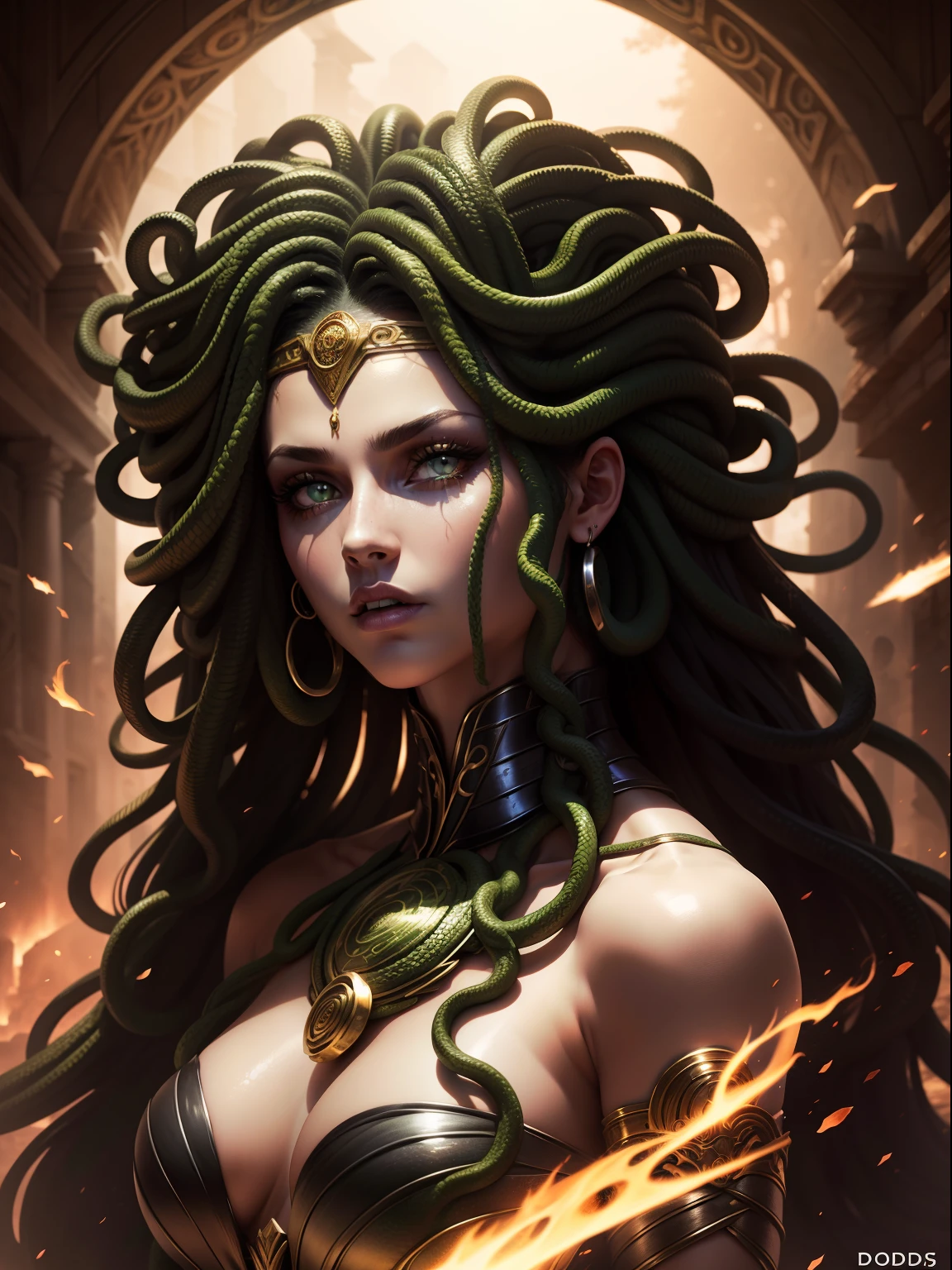 ((medusa)), ((O cabelo cacheado, dourados vestido grego curto)), (olhos verdes da cobra), face feminina, Rosto alto e detalhado, olhos altamente detalhados,16k, Foto RAW, melhor qualidade, master part, Foto colorida RAW de alto detalhe, dramatic lighting, Cinematic lighting,