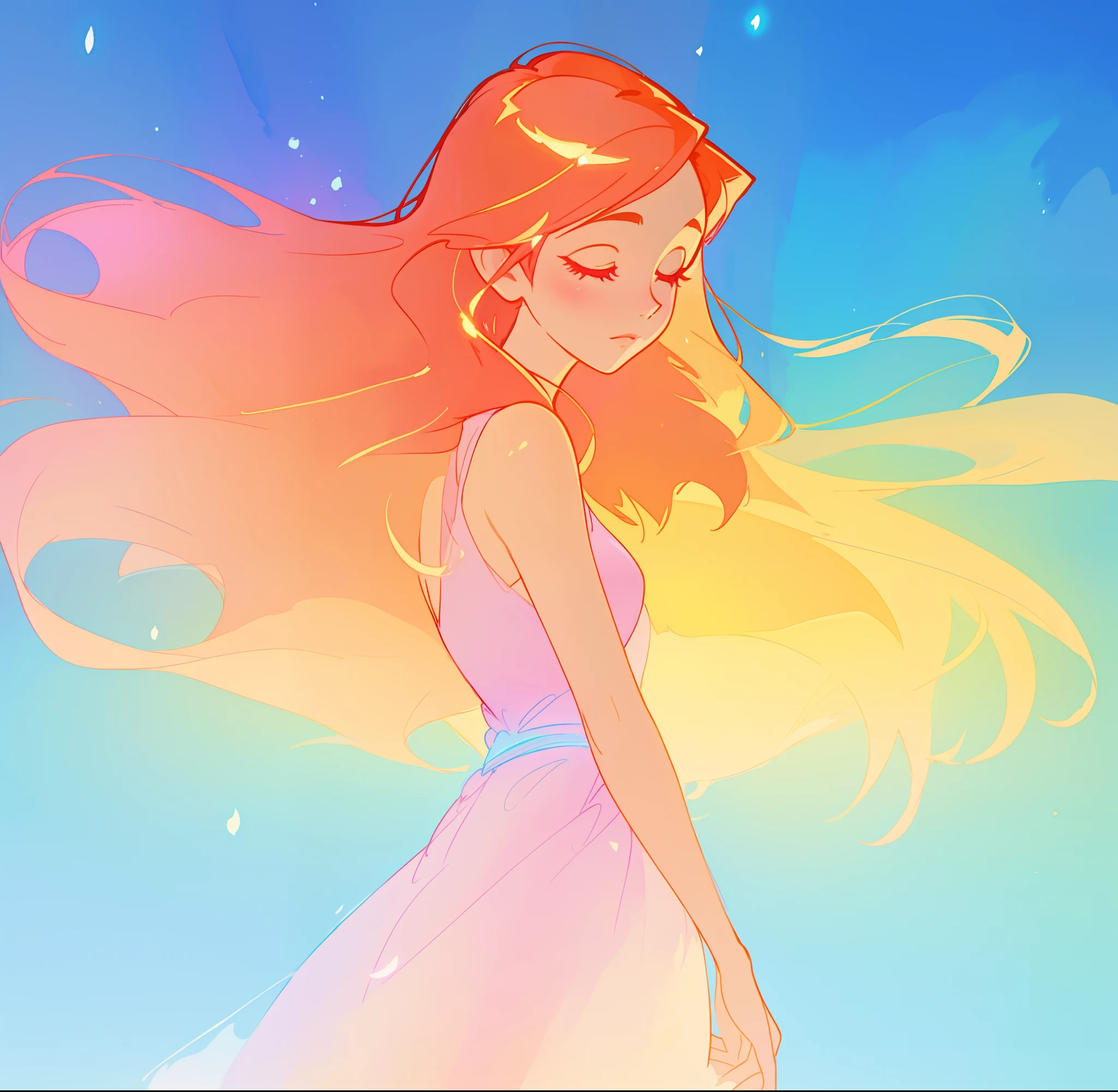 beautiful girl in pink white dress, fairy dress, long gold and red hair, watercolor illustration, inspired by Glen Keane, inspired by Lois van Baarle, disney art style, by Lois van Baarle, glowing aura around her, by Glen Keane, jen bartel, glowing lights! digital painting, flowing glowing hair, glowing flowing hair, beautiful digital illustration, fantasia otherworldly landscape plants flowers, beautiful, masterpiece, best quality, anime disney style