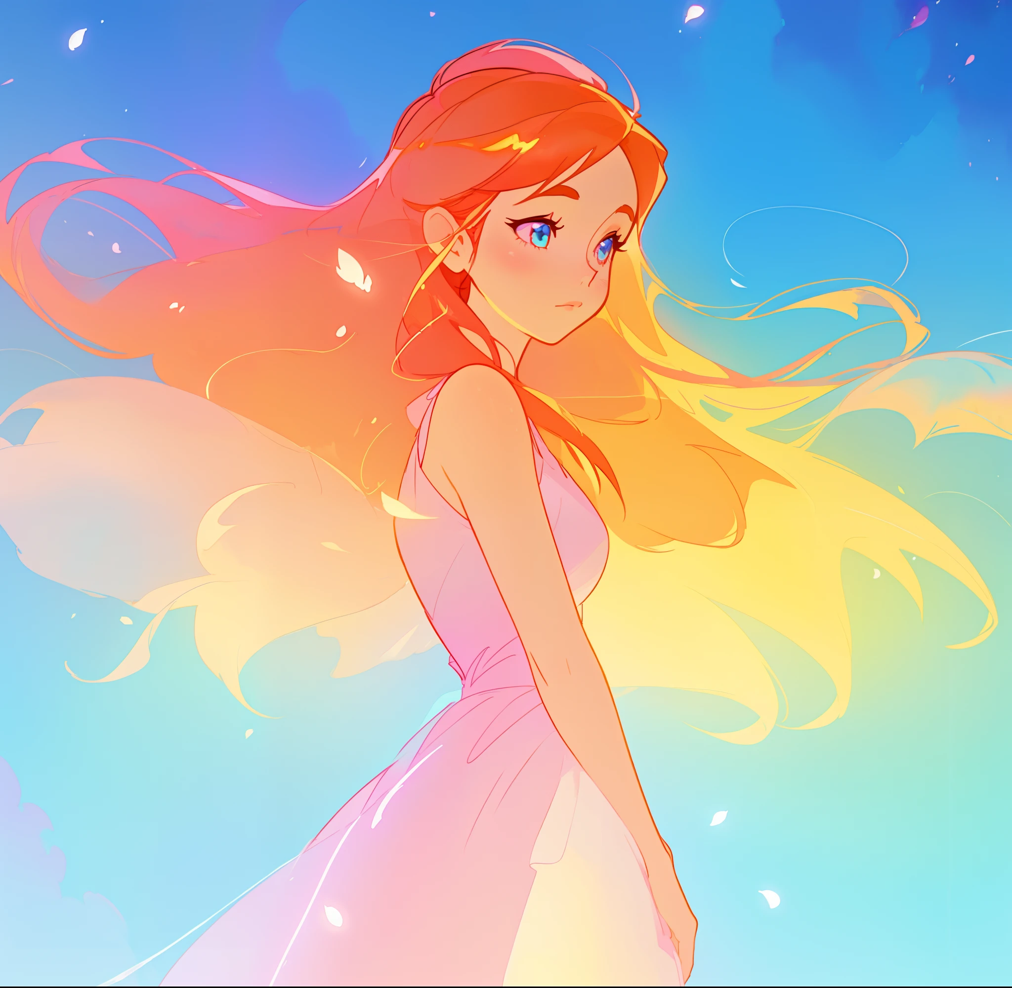 beautiful girl in pink white dress, fairy dress, long gold and red hair, watercolor illustration, inspired by Glen Keane, inspired by Lois van Baarle, disney art style, by Lois van Baarle, glowing aura around her, by Glen Keane, jen bartel, glowing lights! digital painting, flowing glowing hair, glowing flowing hair, beautiful digital illustration, fantasia otherworldly landscape plants flowers, beautiful, masterpiece, best quality, anime disney style