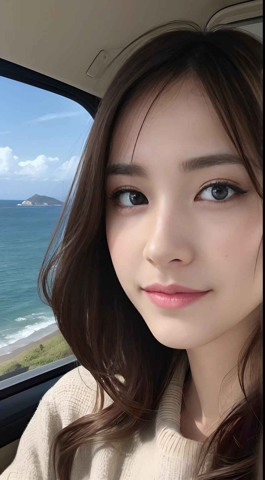 (A hyper-realistic), (hight resolution), (8K), (ighly detailed),  (beatiful detailed eyes), (top-quality), (ultra-detailliert), (​masterpiece), (A detailed face), softfocus、face of emma watson、Colossal tits、japanes、Driving by car、guido、You can see the coastline from the train window..、A smile、Hair fluttering in the wind