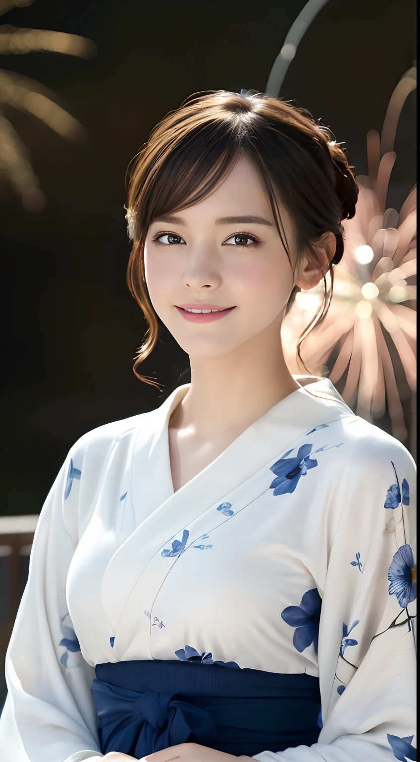 (A hyper-realistic), (hight resolution), (8K), (ighly detailed), (beatiful detailed eyes), (top-quality), (ultra-detailliert), (masterpiece), (A detailed face), softfocus、face of emma watson、Colossal tits、japanes、Japanease Summer festival、natta、Fireworks background、Fireworks Festival、Wearing a yukata、A smile