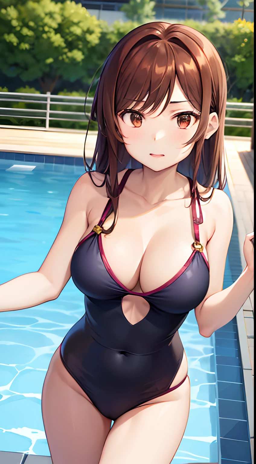 Draw the anime character Chizuru from Rent-a-Girlfriend. Chizuru has waist-length chestnut-brown hair with bangs and light brown eyes. Her hair is mostly let down except for a small braid on the right side of her head. She has fair skin and a slim, well-endowed figure with large breasts. Chizuru is standing in the pool. Chizuru is wearing a monokini swimsuit.