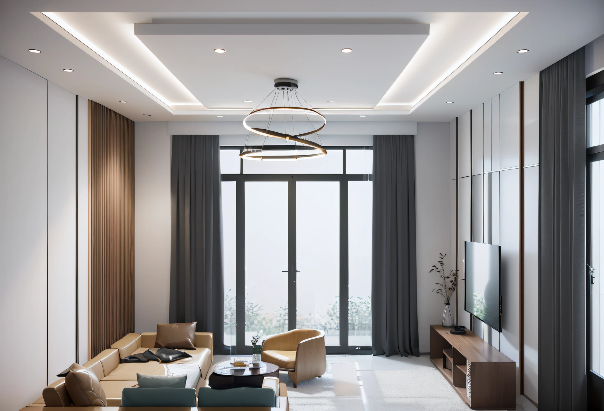 morden space design, (((volumetric light:1.2))), (Masterpiece,best quality,8k uhd,dslr,soft lighting,high quality,hyper detail,film grain,Fujifilm XT3, UE 5 render 8k, super high resolution, supper detail:1.2), color block wall decor, abtract poster decor, Chandeliers, ((celling light)), (white plaster celling with lights)