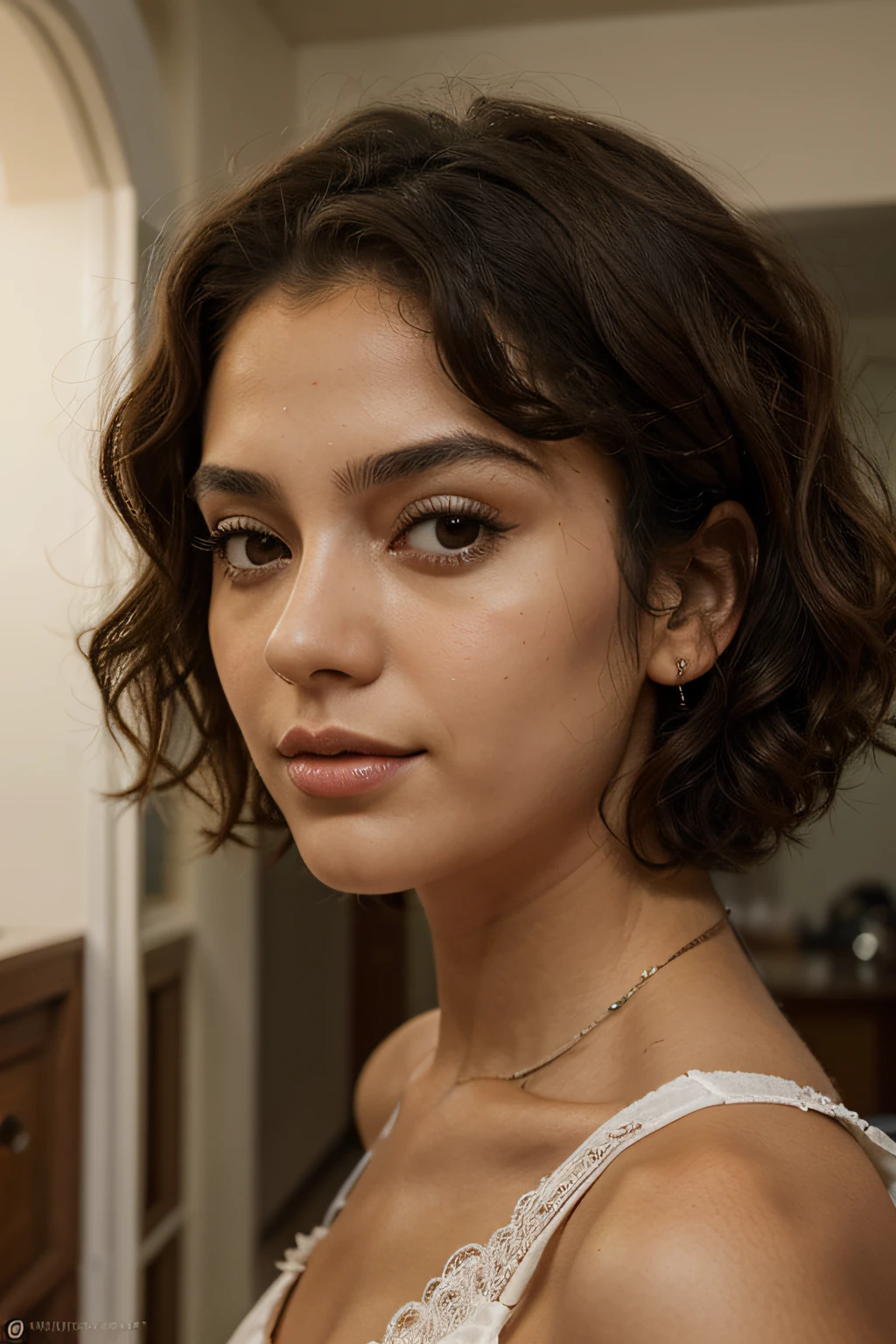 A girl with short straight curly hair down to her neck, olhos castanhos, pele clara e nariz italiano