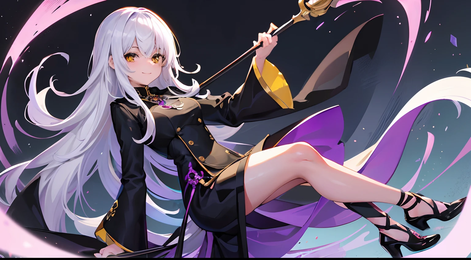 gender: female, About , Eyes half-open, Smiling, White hair, Long hair, holding an cane, Height 150, Yellow eyes, Gentleman's clothing, Black silk, terror
She always had a smile on her face,Be kind to those around you。
Her long white hair hung down behind her back,Dressed in a gentleman's suit,Elegance at its best,Black silk tightly wrapped around the slender legs。She had a cane in her hand,There is a purple crystal on the cane,
Her yellow pupils reveal wisdom and spirituality