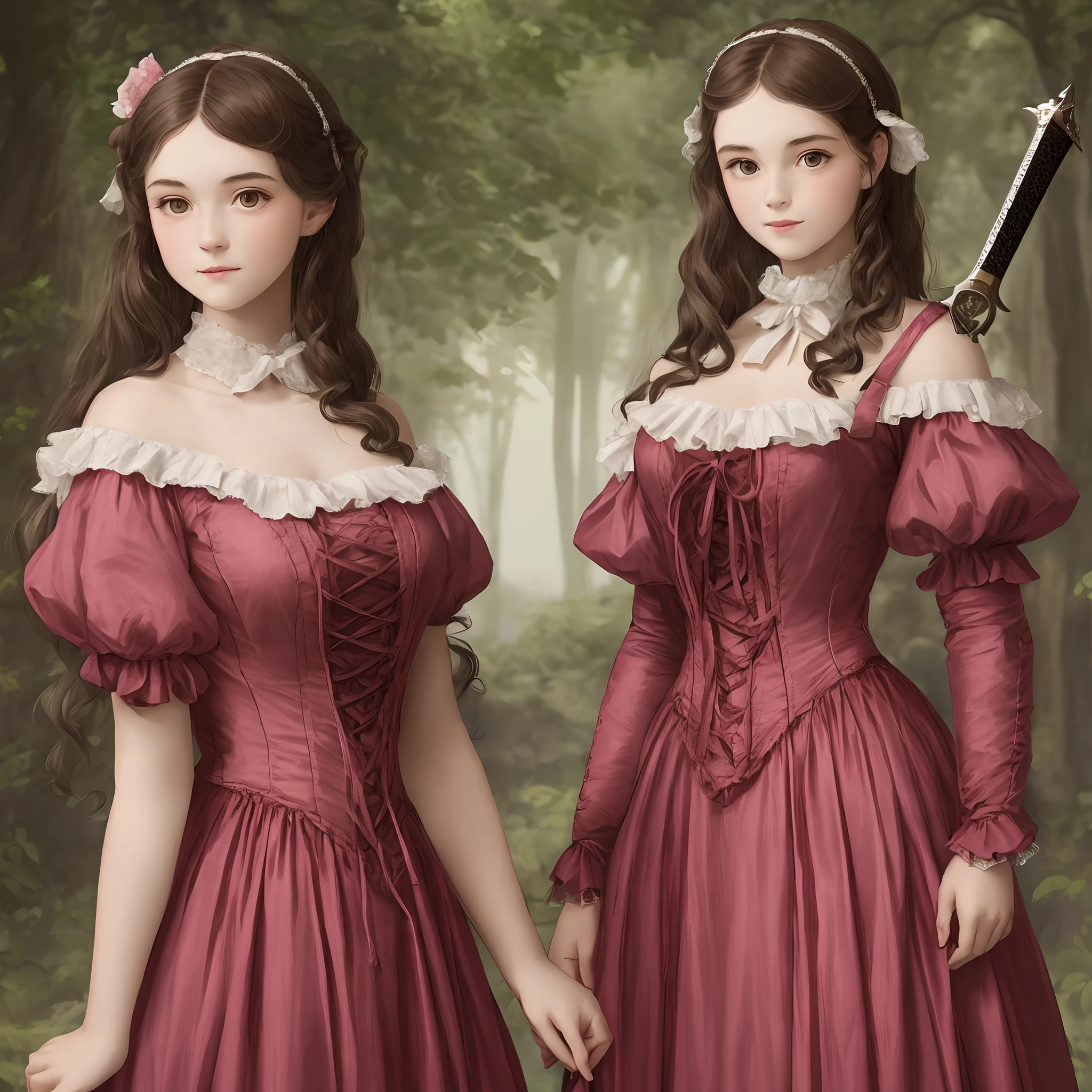 A young adult girl from the 1800s wearing a light fancy pink dress. She has light brown fluffy hair that is shoulder length. She holds a dagger.
