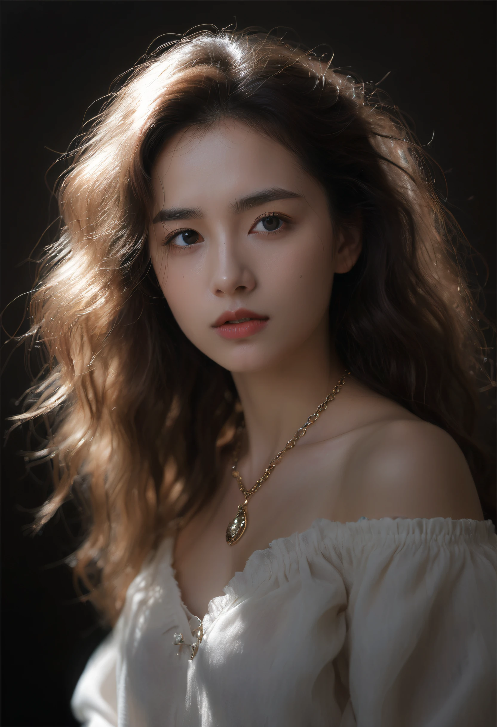 Fashion photography portrait girl, off shoulder, fluffy long curly hair, soft light edge light, beautiful shadow, low key, realistic, natural skin texture, realistic eye and facial detail, surrealism, necklace