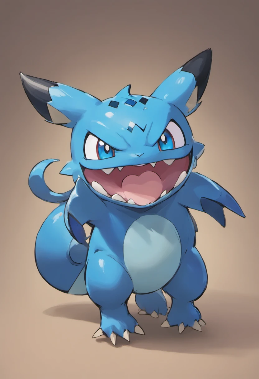 black gum like creature with claws blue eyes, wide mouth scary