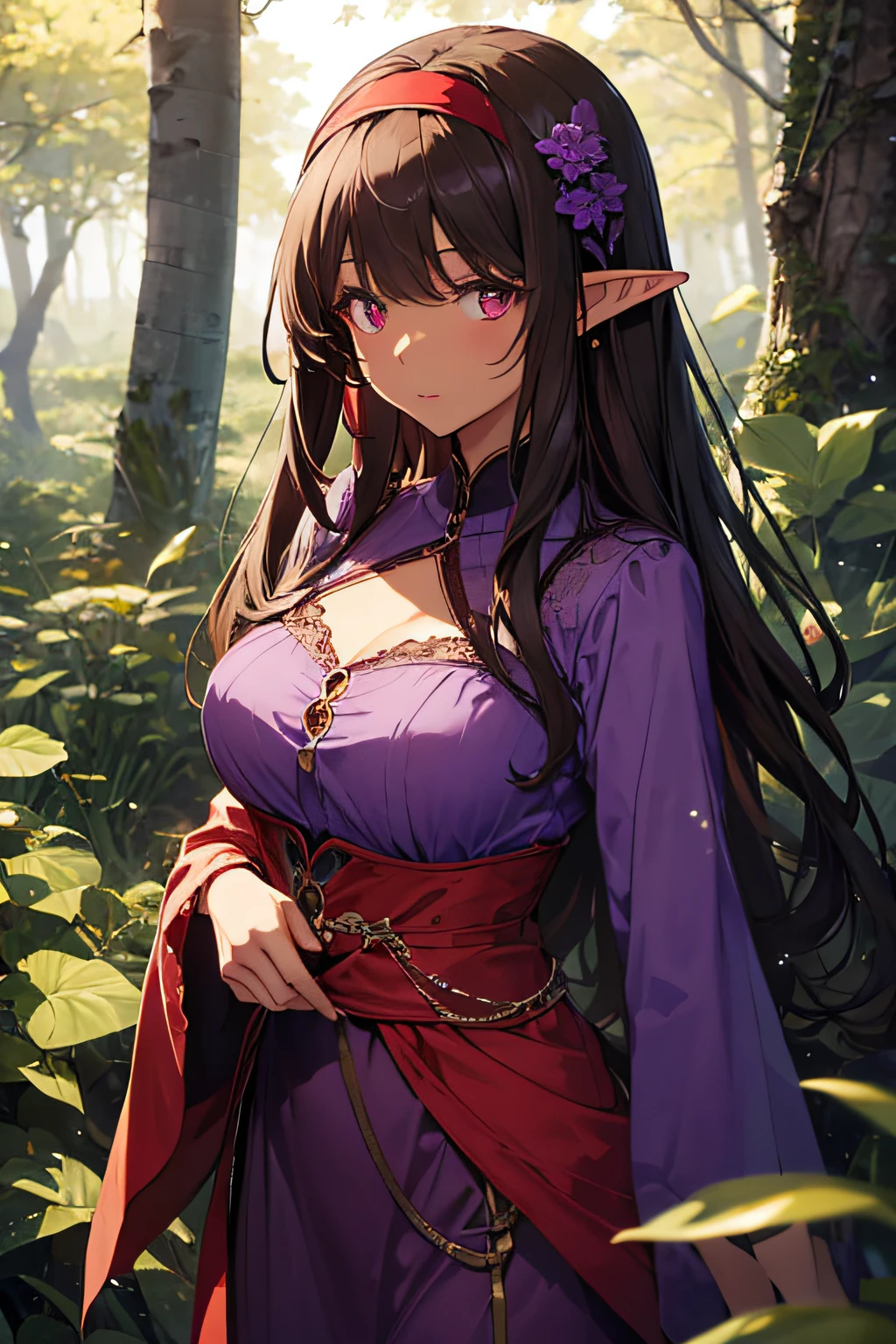 highest quality、Very delicate and beautiful、Soio、Soio、Elf Woman、Black Hair、Early 20s、((Brown Skin))、(Red eyes)、Red Hairband、Nice body、Beautiful breasts、(((Purple clothes)))、The chest is visible、Valley、Are standing