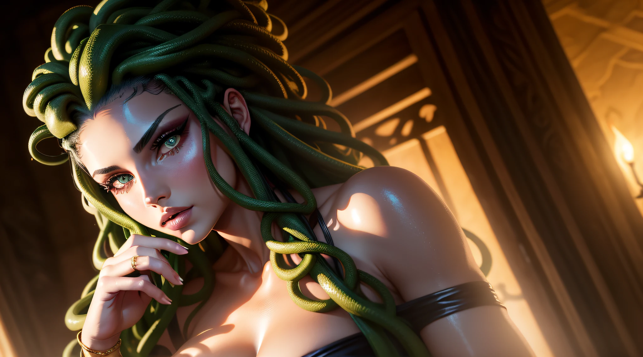 ((medusa)), ((O cabelo cacheado, dourados vestido grego curto)), (olhos verdes da cobra), face feminina, Rosto alto e detalhado, olhos altamente detalhados,16k, Foto RAW, melhor qualidade, master part, Foto colorida RAW de alto detalhe, dramatic lighting, Cinematic lighting,