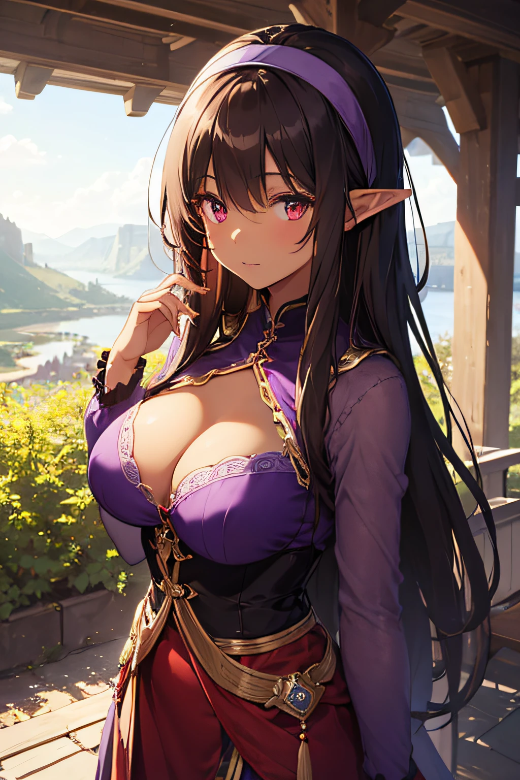 top-quality、extremely delicate and beautiful、Soio、Soio、Elven Woman、A dark-haired、Early 20s、((Brown skin))、(red eyes)、red hairband、Nice Buddy、Beautiful breasts、(((Purple clothes)))、The chest is visible、Valley、is standing