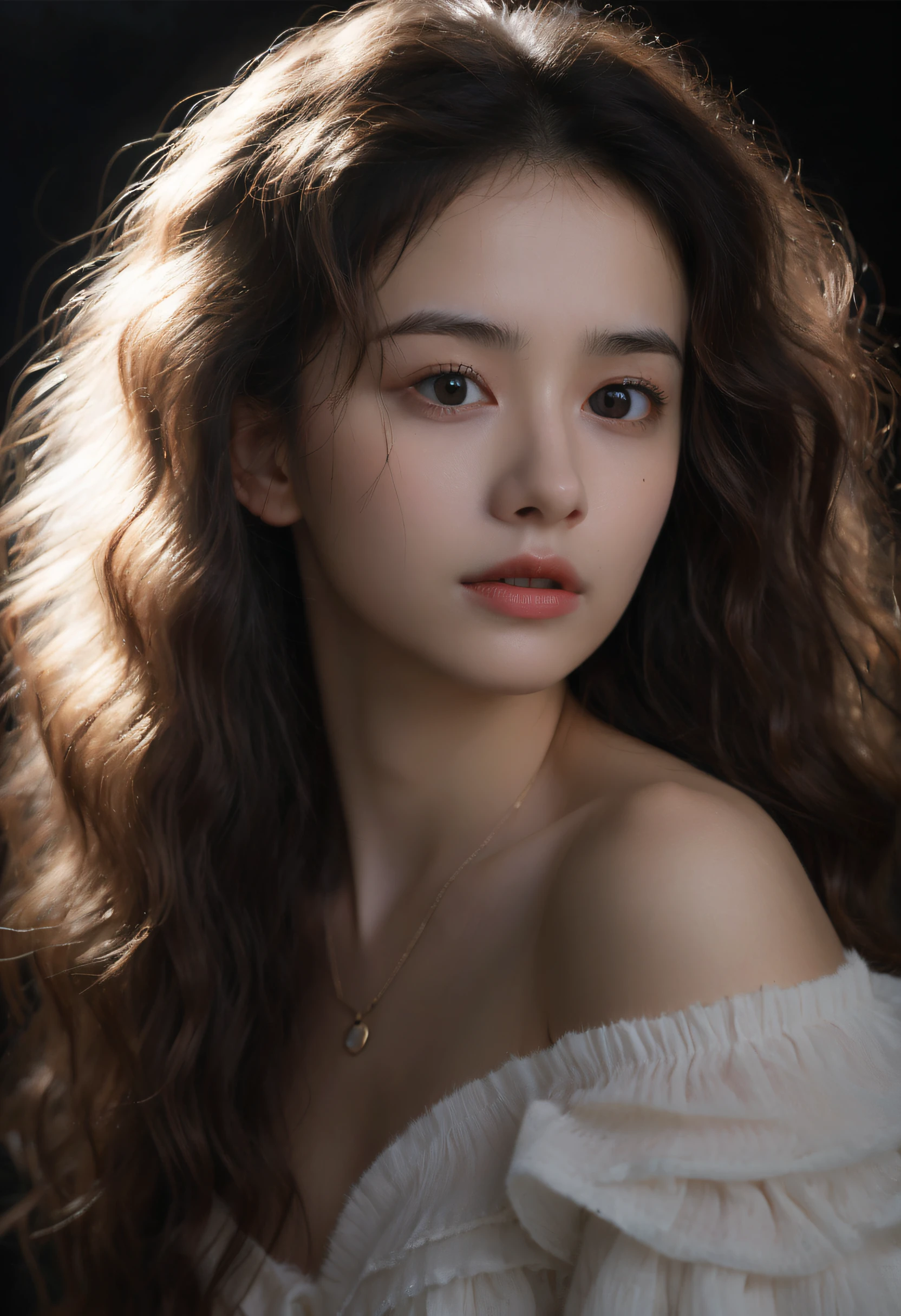 Fashion photography portrait girl, off shoulder, fluffy long curly hair, soft light edge light, beautiful shadow, low key, realistic, natural skin texture, realistic eye and facial detail, surrealism, necklace