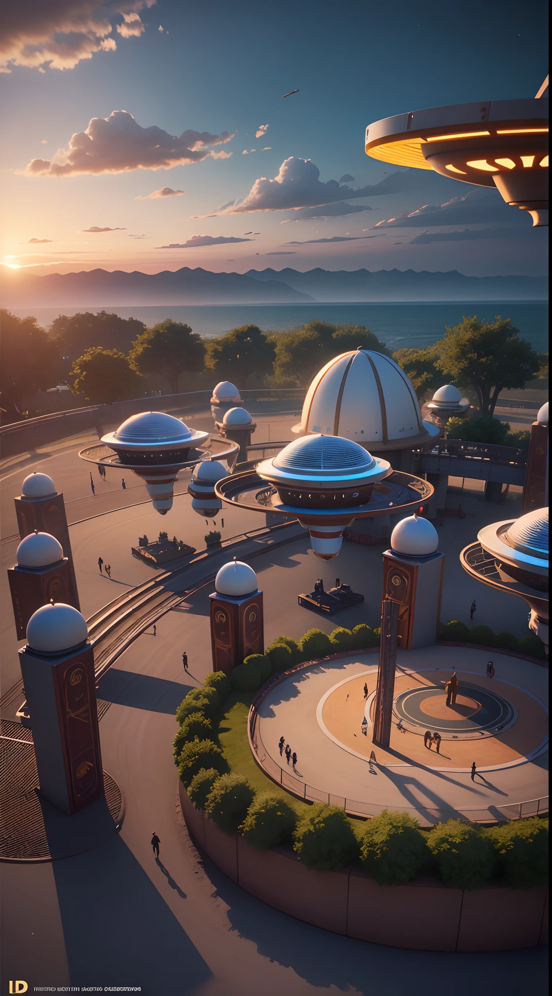 Aerial view shot of an African playground full of playing African children dressed in african designed futuristic clothes, with marks around the face, spaceships flying in the sky,  futuristic drones flying in the sky, futuristic swings and trampolines and children games in the scene, bright and vibrant light shining, with iridescent light, scifi art, cinematic lighting, artgerm style, 32k, ultra HD, unreal engine rendered, octane 3d rendering, highly detailed images --auto --s2