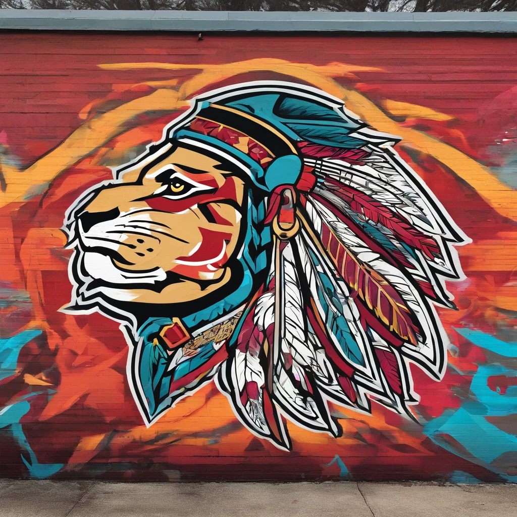 Chicago blackhawks logo. Washington redskins logo. Chief wearing a wolf head as a headdress. American Indian warrior. Sports style logo. Wearing a dark Grey wolf head. Side profile. Facing right. Bright colors. Bold lines. Deep copper complexion. Long braids. Warpaint. Cartoon style. High school mascot style.