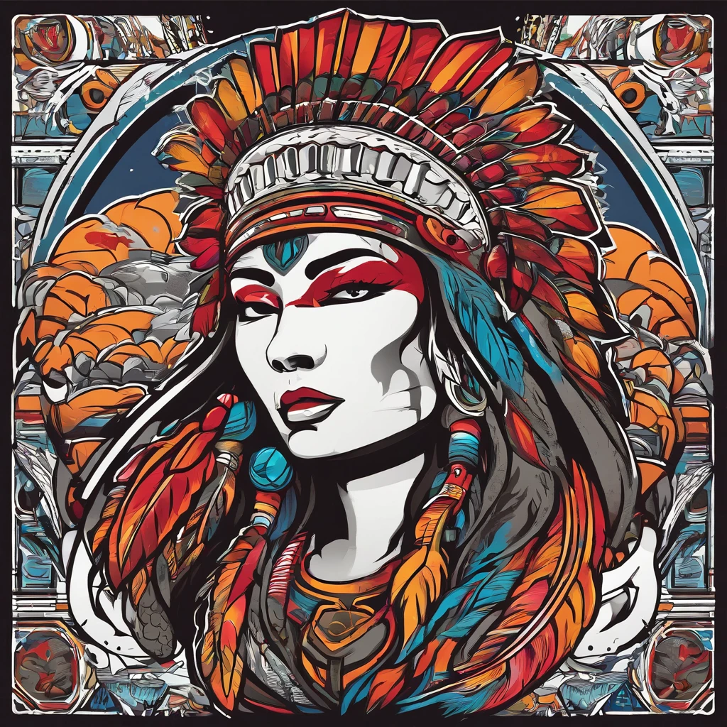 Chicago blackhawks logo. Washington redskins logo. Chief wearing a wolf head as a headdress. American Indian warrior. Sports style logo. Wearing a dark Grey wolf head. Side profile. Facing right. Bright colors. Bold lines. Deep copper complexion. Long braids. Warpaint. Cartoon style. High school mascot style.
