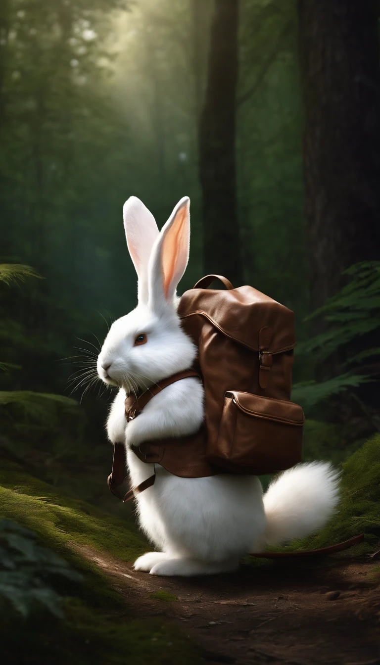 Classic negative portrait photo, fantasy video game character concept art, a cute white fluffy rabbit with a small brown leather backpack looking at a map hiking through the forest, dungeons and dragons, fantasy, river, haze, halo, Bloom, dramatic atmosphere, dark fantasy film of the 1970s, centered, rule of thirds