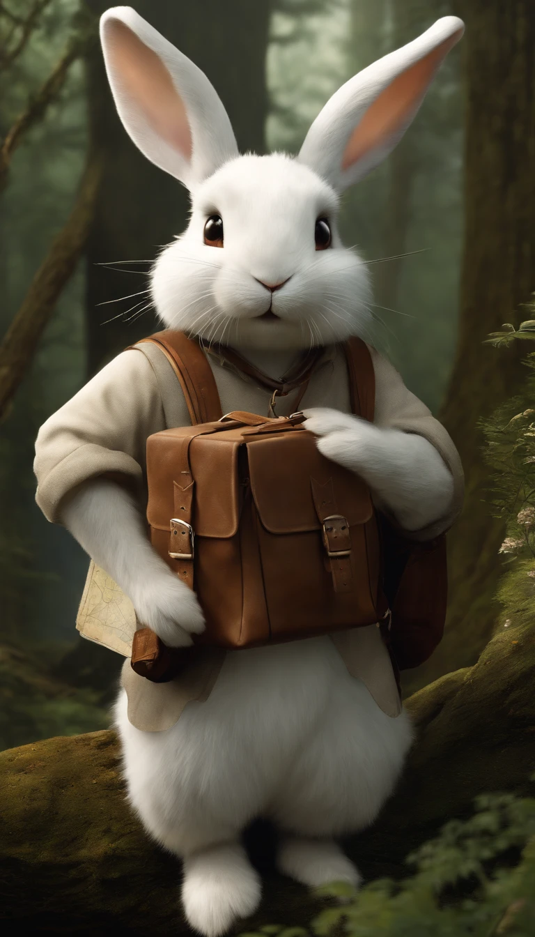 Classic negative portrait photo, fantasy video game character concept art, a cute white fluffy rabbit with a small brown leather backpack looking at a map hiking through the forest, dungeons and dragons, fantasy, river, haze, halo, Bloom, dramatic atmosphere, dark fantasy film of the 1970s, centered, rule of thirds