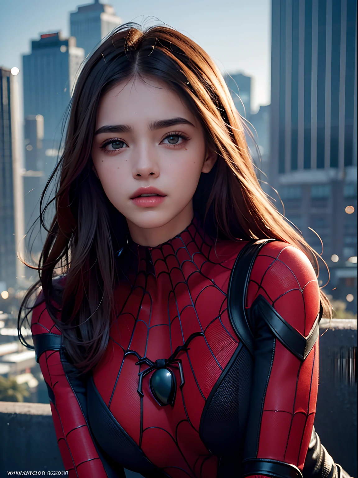 A 10yo girl with happy and bright blue eyes, looking forward with excitement. Wearing Spiderman Costume, detailed costume, detailed anatomy, big breasts (breasts: 3,5), (best quality, highres), (realistic: 1.37), ultra-detailed, vivid colors, (studio lighting), (portraits), warm color tones, soft and gentle lighting.