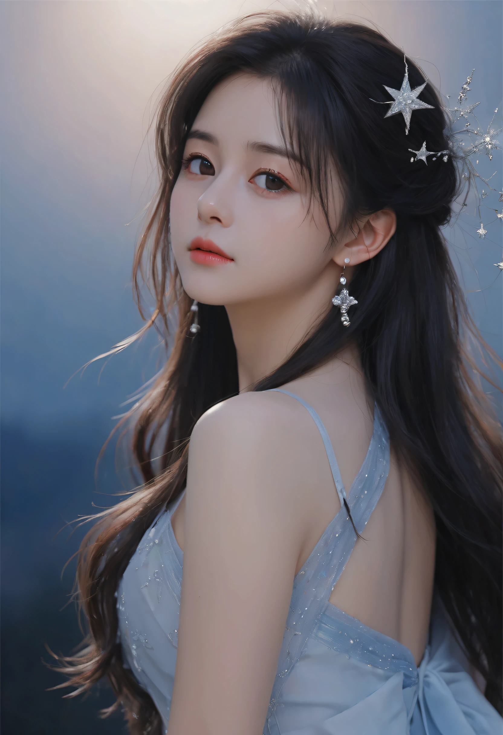 pixiv artwork, handsome girl, oval face, big eyes, long eyelashes, bangs, cool, imperious, exquisite (real realistic style), extreme face, photo-grade light and shadow, star-like eyes, wearing scattered black long curly hair and waist, (hair flowing) sparkling jewelry, (blue starry sky background), upper body background, wearing light blue wedding dress, shoulder, back, Facing the camera, beautiful, extremely high quality, cinema-grade picture, high quality CG, 8K resolution