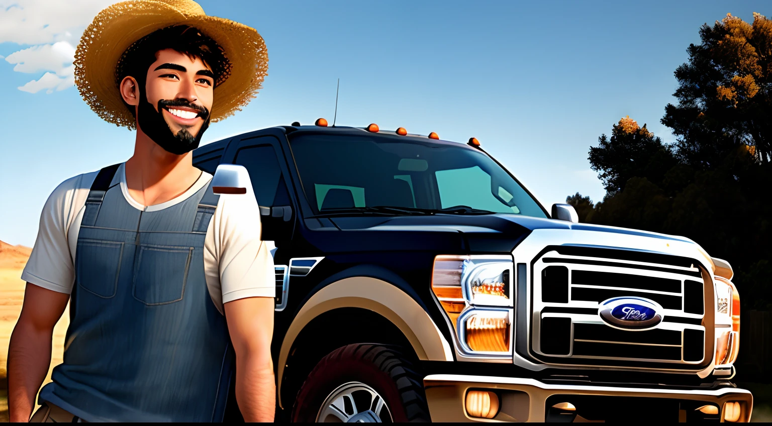 Homen 22 anos, brown eyes
Short beard
Short haired big straw hat smiling next to a Ford F250 pickup truck Working Effect Pixar Realistic Effect Anime Effect
