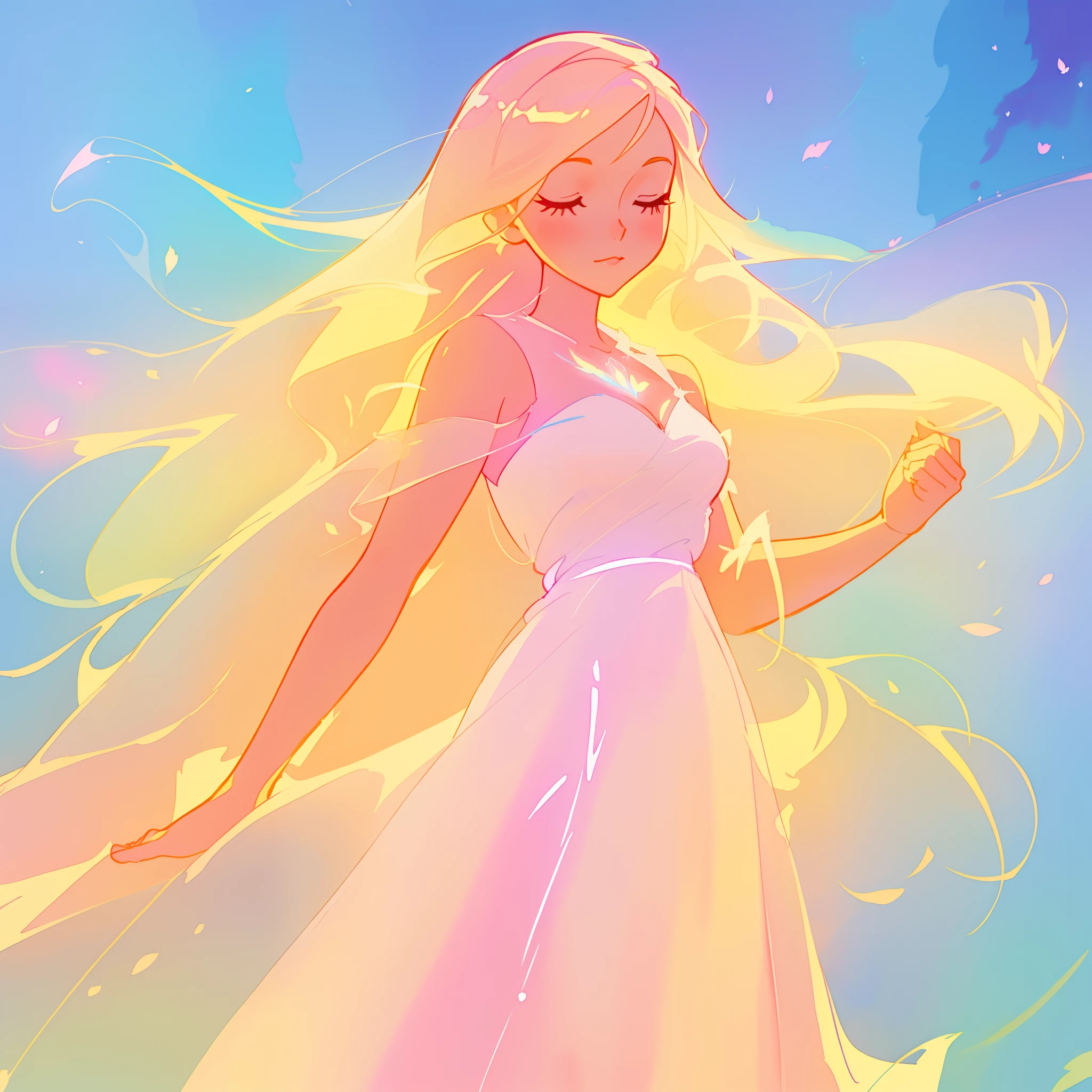 beautiful girl in pink and white dress, fairy dress, long golden hair, watercolor illustration, inspired by Glen Keane, inspired by Lois van Baarle, disney art style, by Lois van Baarle, glowing aura around her, by Glen Keane, jen bartel, glowing lights! digital painting, flowing glowing hair, glowing flowing hair, beautiful digital illustration, fantasia otherworldly landscape plants flowers, beautiful, masterpiece, best quality, anime disney style