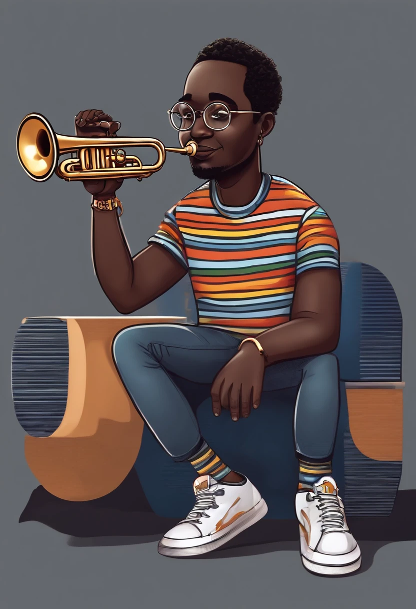 Draw Animoji cartoon of short black man with receding hairline and very short dreadlocks with black glasses and big eyes wearing striped t-shirt, jeans, and black sneakers playing a trumpet