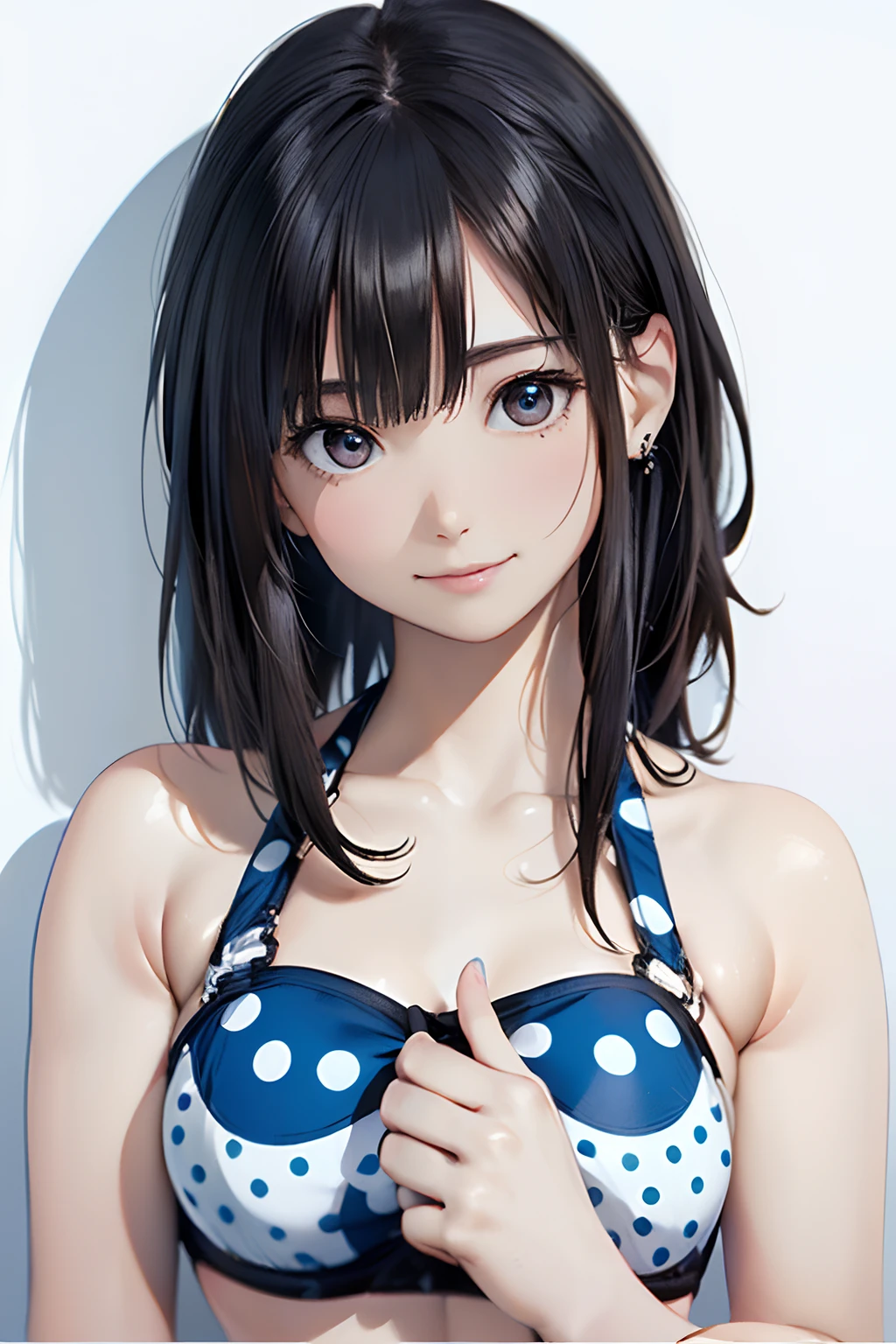 (Best Quality, 8K, Oil Painting, masutepiece:1.2), Ultra-detailed, (Realistic, Photorealistic:1.37), (((bustshot)))、(((Black hair)))、(((white and blue bikini)))、(((upperbody shot)))、(((Dot pattern bikini)))、(((２０Women of a certain age)))、(((Small Micro Bikini)))、 (((A dark-haired)))、(((semi long hair)))、((( White background)))、(((Girly Hairstyles)))、(((Big polka dot bikini)))、(((In front of a white wall)))、(((Blue polka dot bikini)))、(((Nothing on the top of the head)))、(((I'm laughing a little)))、(((Thumbing up)))