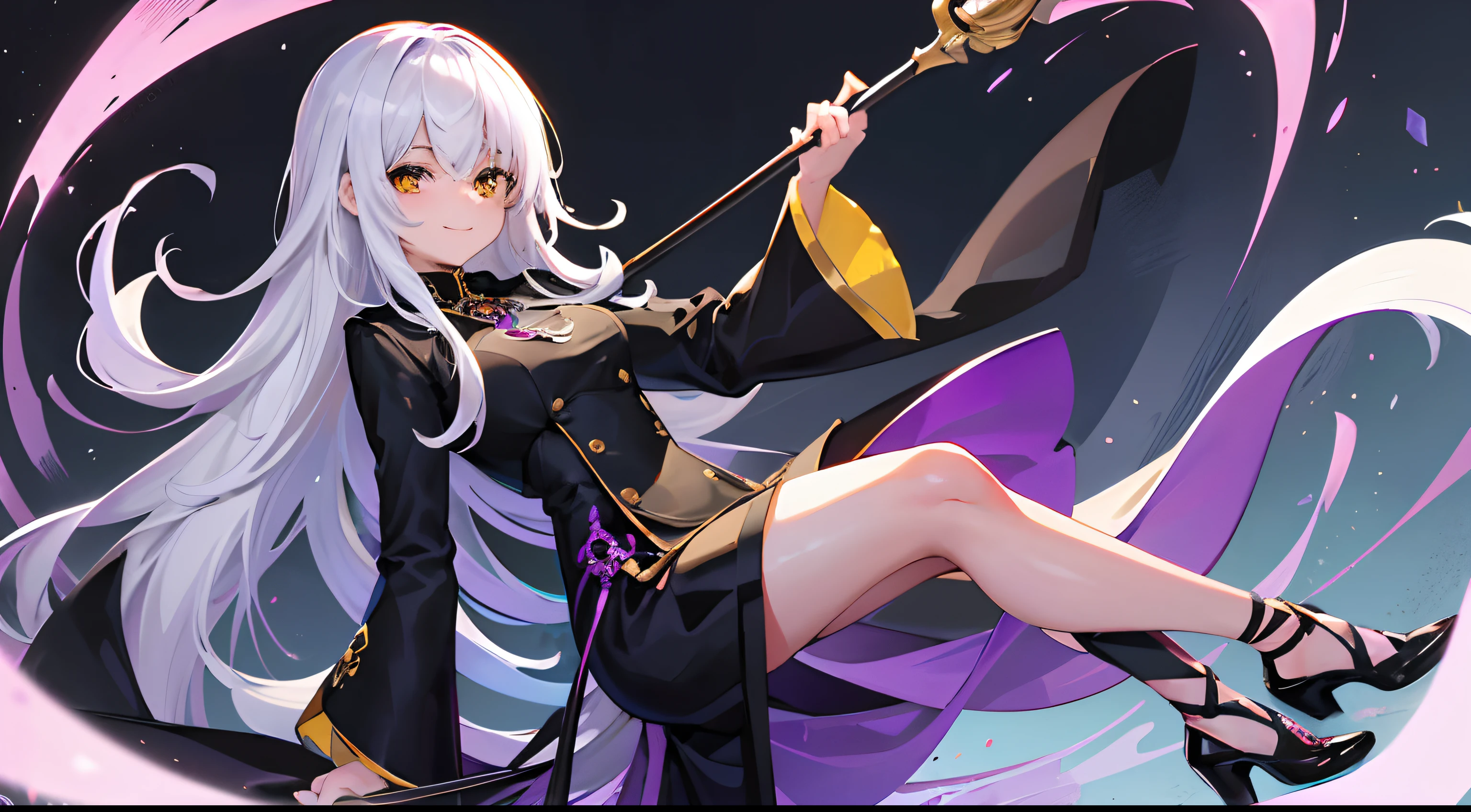gender: female, About 15 years old, Eyes half-open, Smiling, White hair, Long hair, holding an cane, Height 150, Yellow eyes, Gentleman's clothing, Black silk, terror

She always had a smile on her face，Be kind to those around you。
Her long white hair hung down behind her back，Dressed in a gentleman's suit，Elegance at its best，Black silk tightly wrapped around the slender legs。She had a cane in her hand，There is a purple crystal on the cane，
Her yellow pupils reveal wisdom and spirituality