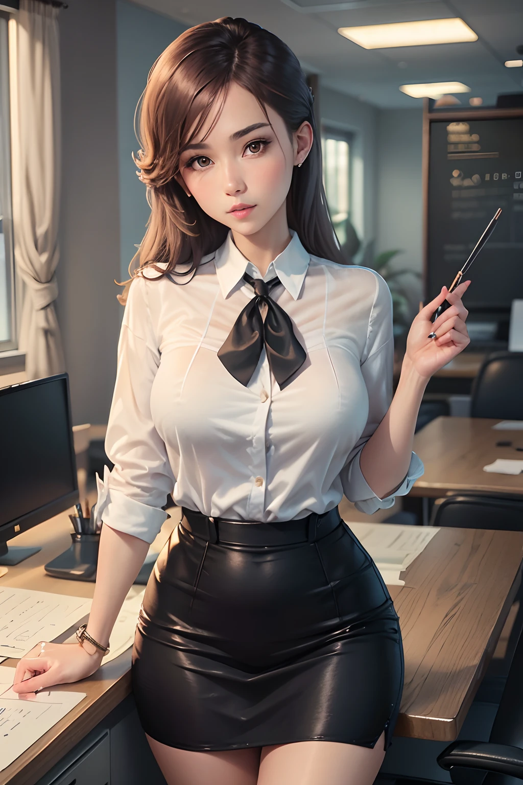 She dresses appropriately for her work environment, usually wearing office attire (a skirt with a formal blouse). Her attire is elegant and appropriate for an office environment, demonstrating her commitment to her work and her attention to detail.