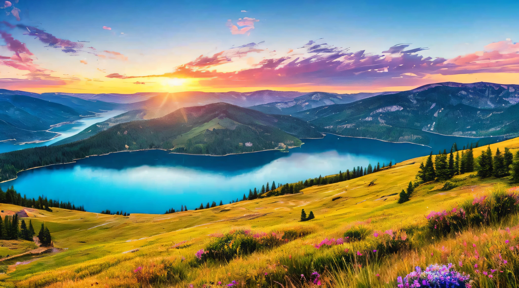 (best quality, 8K, ultra-detailed, masterpiece), (ultra-realistic, photorealistic), A breathtaking 8K masterpiece showcasing the awe-inspiring beauty of a cinematic landscape painted with super vibrant colors. The landscape captures nature's majesty, with rolling hills, a serene lake, and a colorful sky that seems to burst with life. This scene exudes tranquility and an enchanting sense of wonder, inviting viewers to immerse themselves in its vivid, cinematic splendor