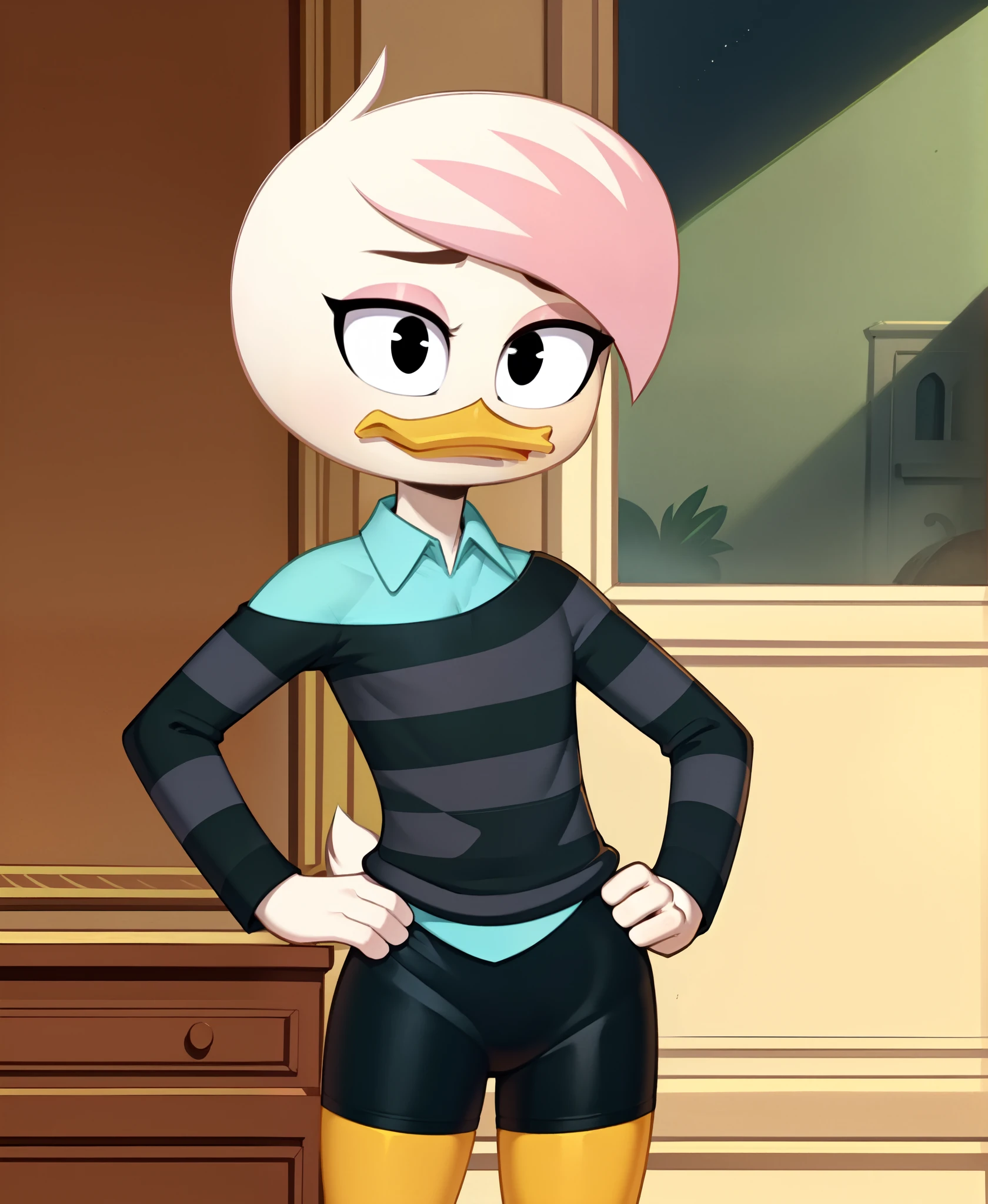 (by drockdraw:1.2) (by chelodoy:1) (by ashraely:1) lena sabrewing, white skin, white hair, pink highlights, long sleeves, striped shirt, teal dress shirt, orange legs:1.2, tsundere:1.3, black eyes, scut tail, ducktales, eyeliner, off shoulder, beak, short hair, standing, solo:1.2, duck, beak, black shorts, tight shorts, hand on hip, wide eyes, eyeliner, black eyes, off shoulder, short hair (mansion background, inside:1.2)