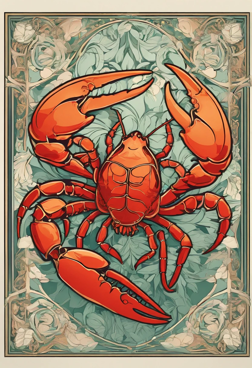 8K.Poster illustration in Alphonse Mucha style, Flat painting, A whole lobster，White background