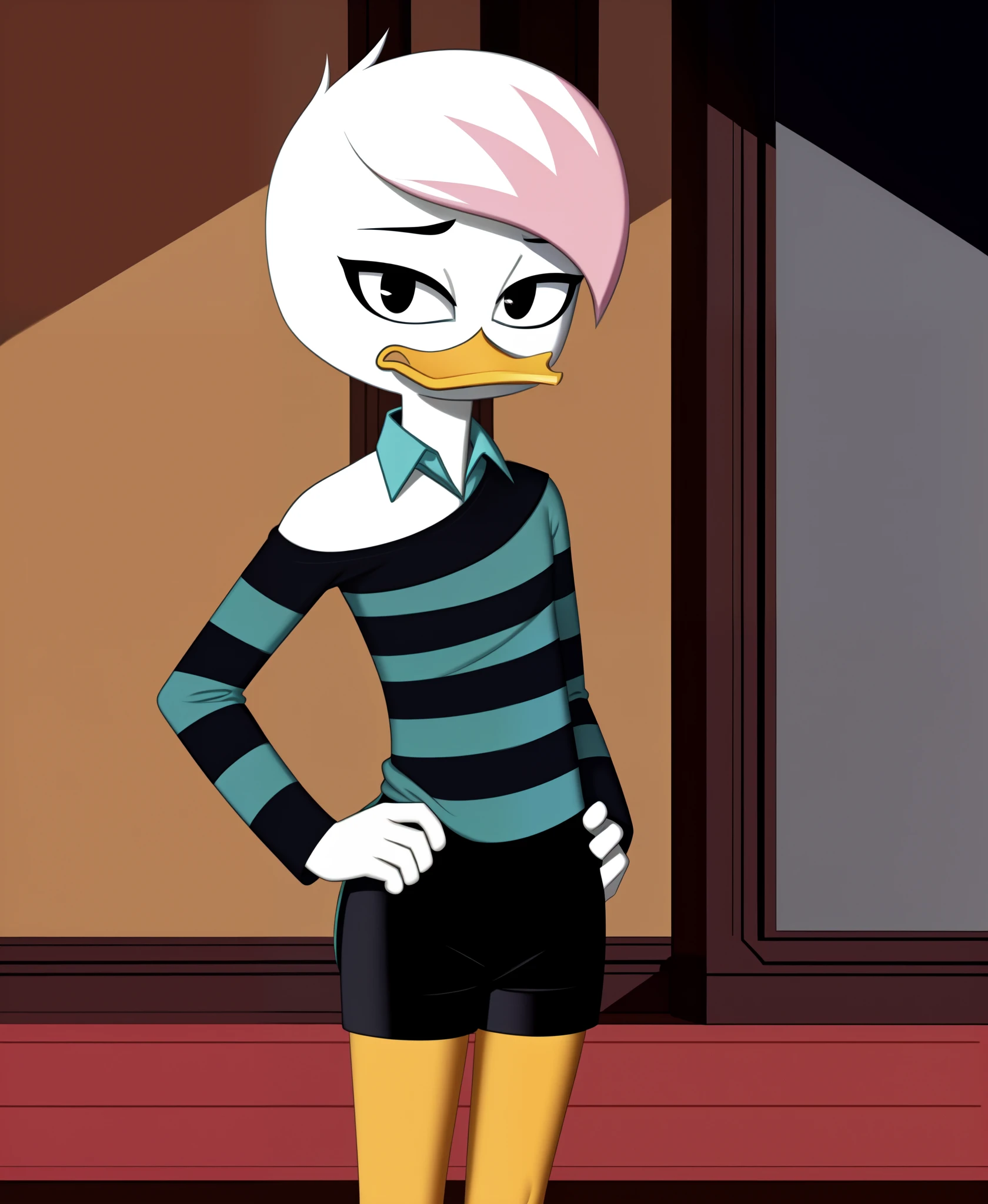 (by drockdraw:1.2) (by chelodoy:1) (by ashraely:1) lena sabrewing, white skin, white hair, pink highlights, long sleeves, striped shirt, teal dress shirt, orange legs:1.2, tsundere:1.3, black eyes, scut tail, ducktales, eyeliner, off shoulder, beak, short hair, standing, solo:1.2, duck, beak, black shorts, tight shorts, hand on hip, wide eyes, eyeliner, black eyes, off shoulder, short hair (mansion background, inside:1.2)